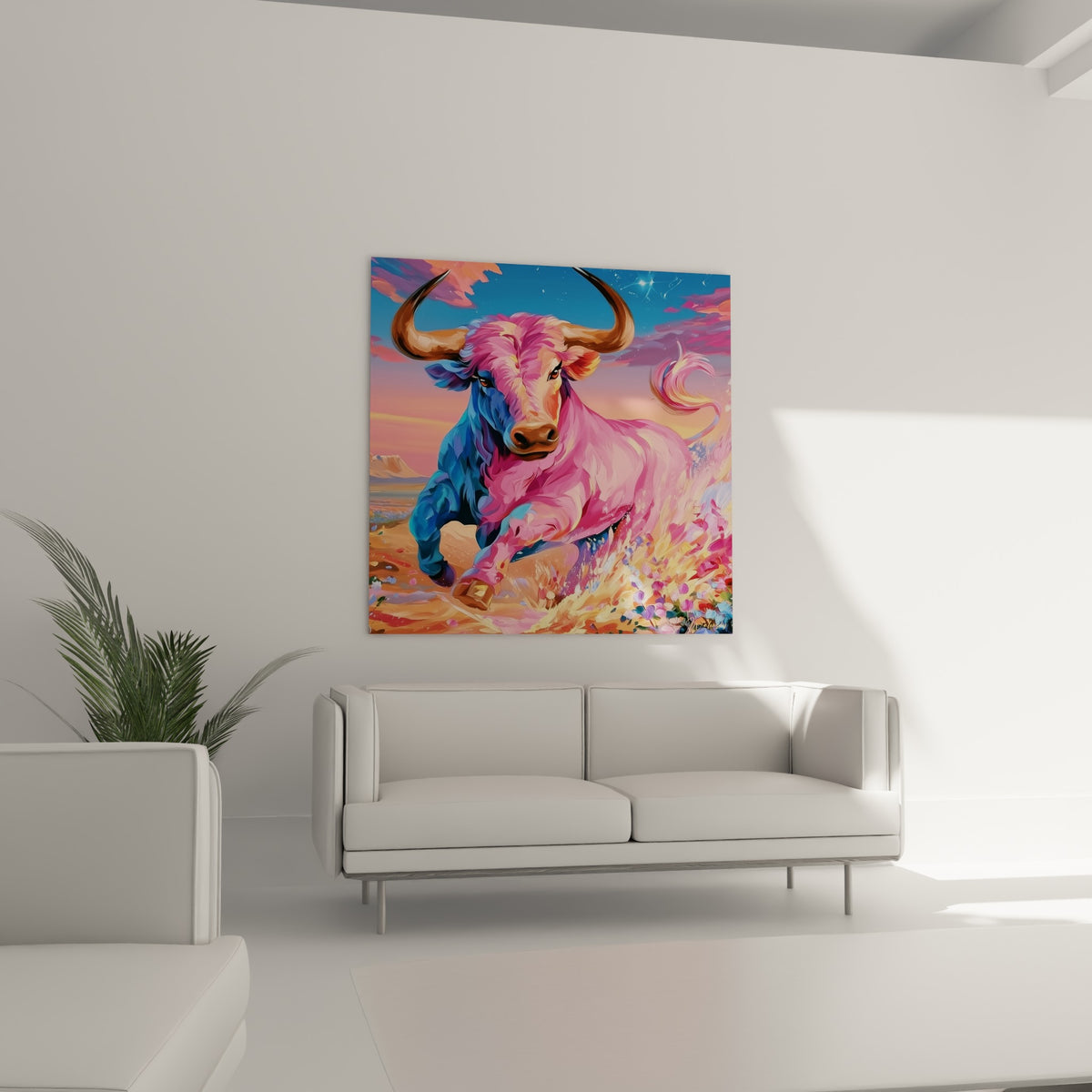 Taureau bleu et rose en pleine charge parmi les fleurs éclatées, au-dessus d'un canapé dans un salon lumineux