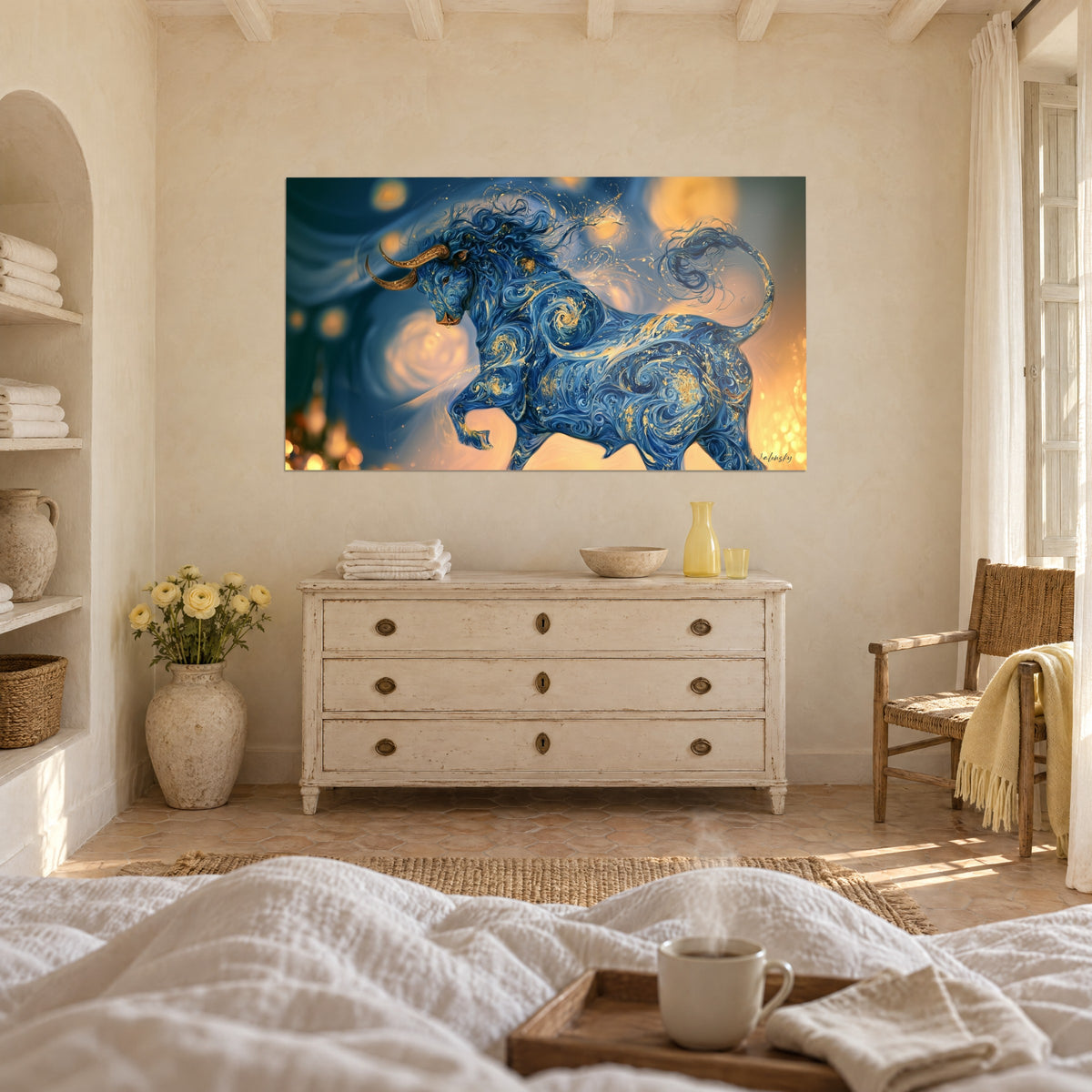Quadro creatura cornuta in spirali blu reale e miele, zoccolo sollevato, aloni ocra, sopra un letto in una camera luminosa