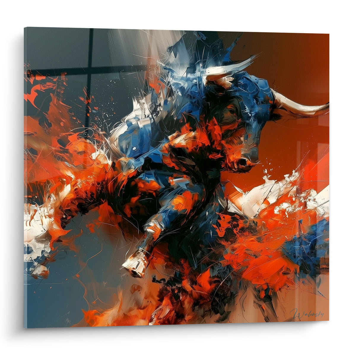 Taureau bleu marine et orange fauve en pleine charge, cornes blanches, technique gestuelle