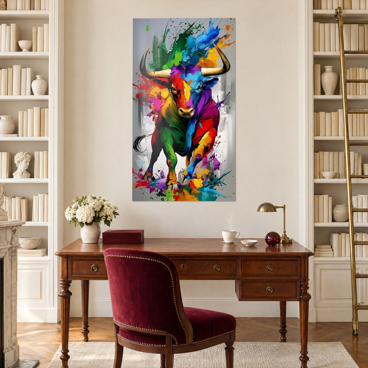 Quadro di un toro da corrida schizzato di rosa, verde e rosso vivo, corna dorate, sopra una scrivania di legno tra due librerie