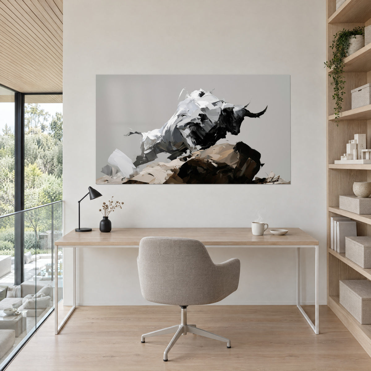Abstract bullfight wall art of a white and black bull on a sand and chocolate rocky plinth, grey background, facing a light wood desk