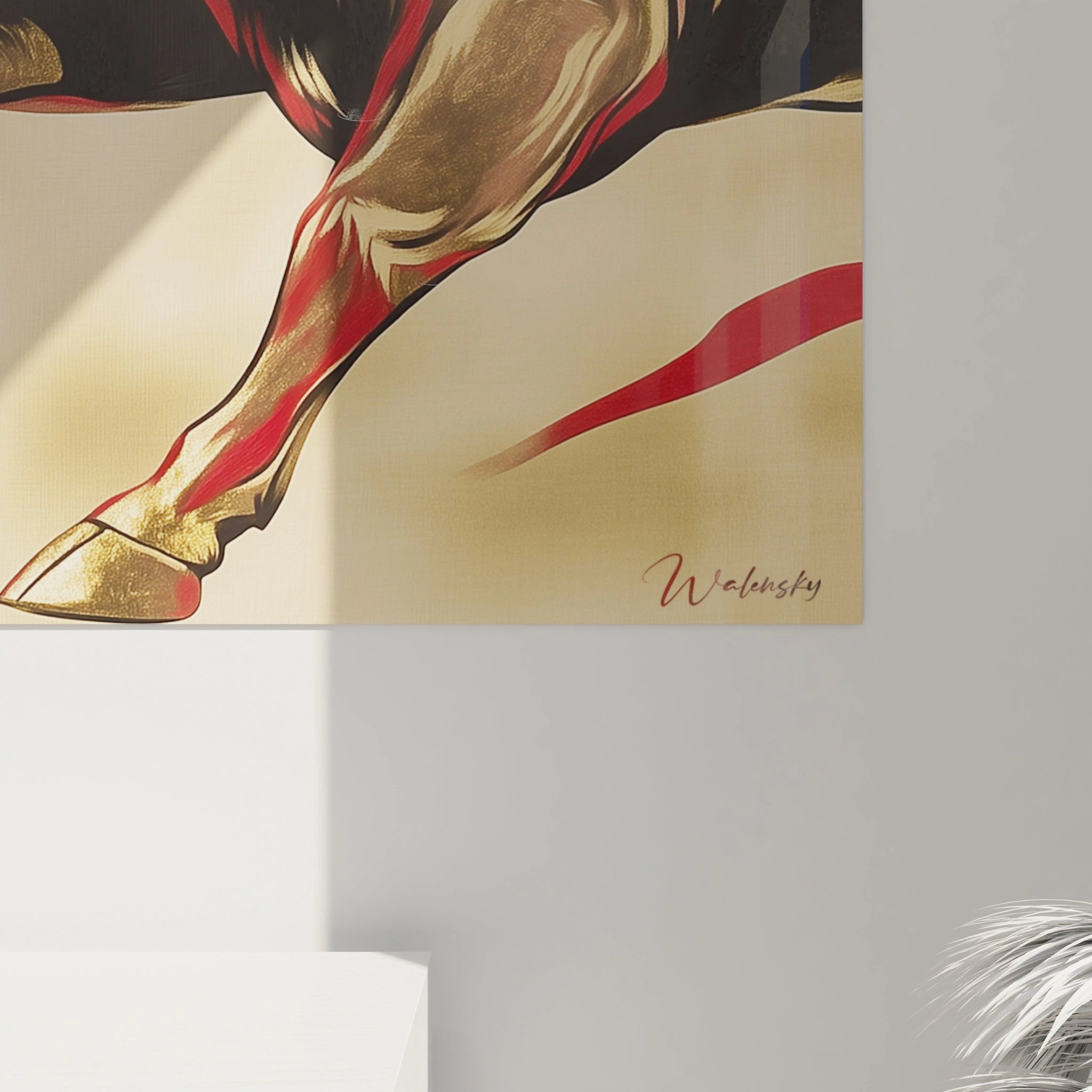 Tableau taureau moderne signé Walensky avec couleurs dorées et rouges sur fond beige