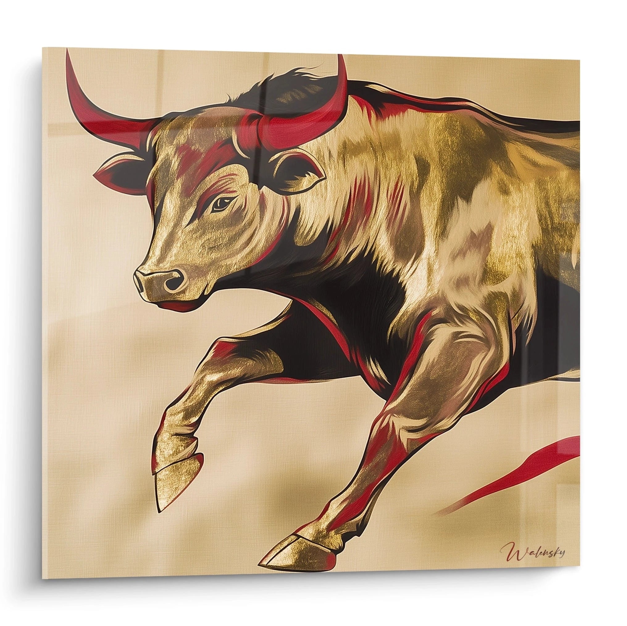 Tableau taureau Walensky en style artistique doré et rouge sur fond beige