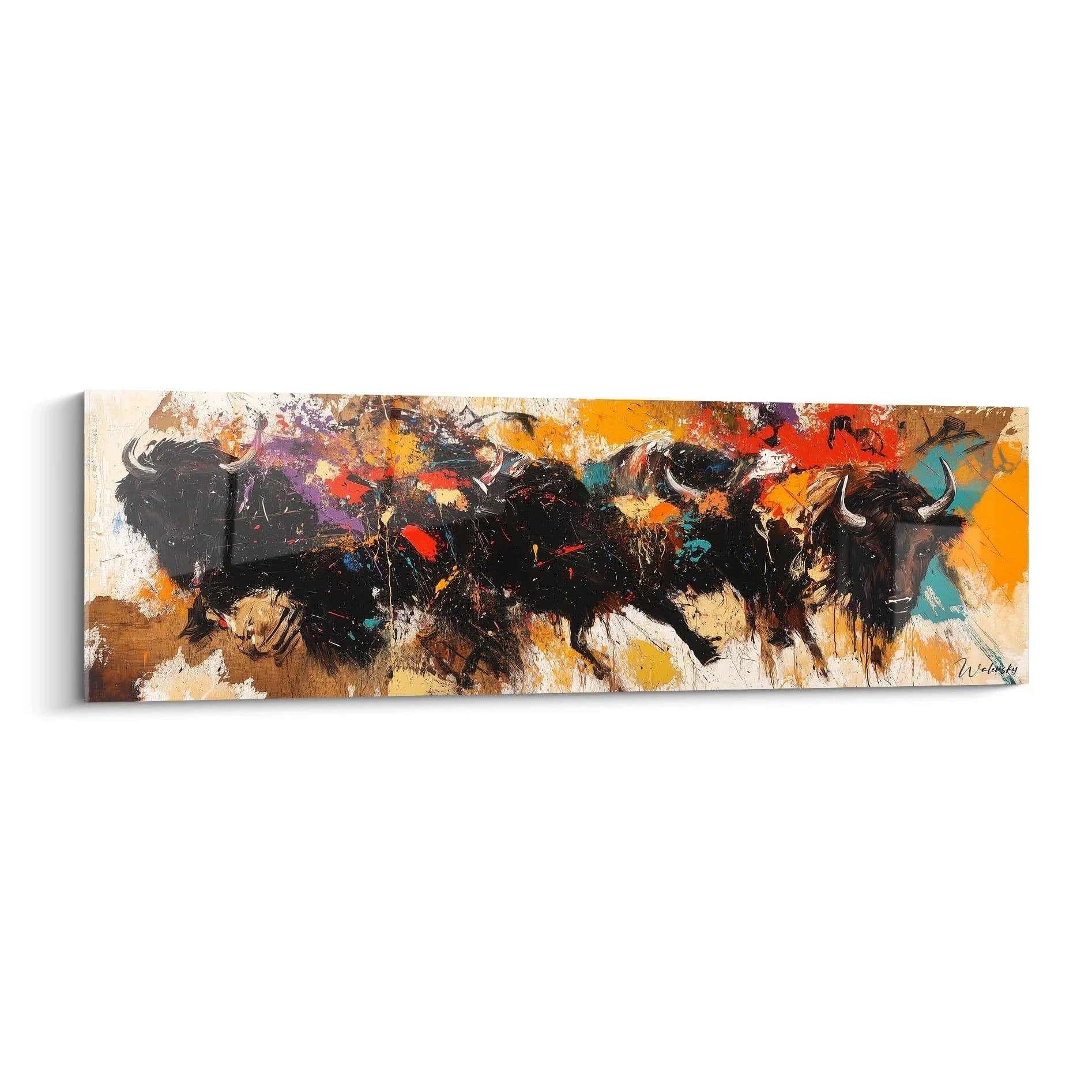 Tableau taureau Walensky peinture abstraite avec éclats de couleurs orange, rouge et noir sur toile panoramique