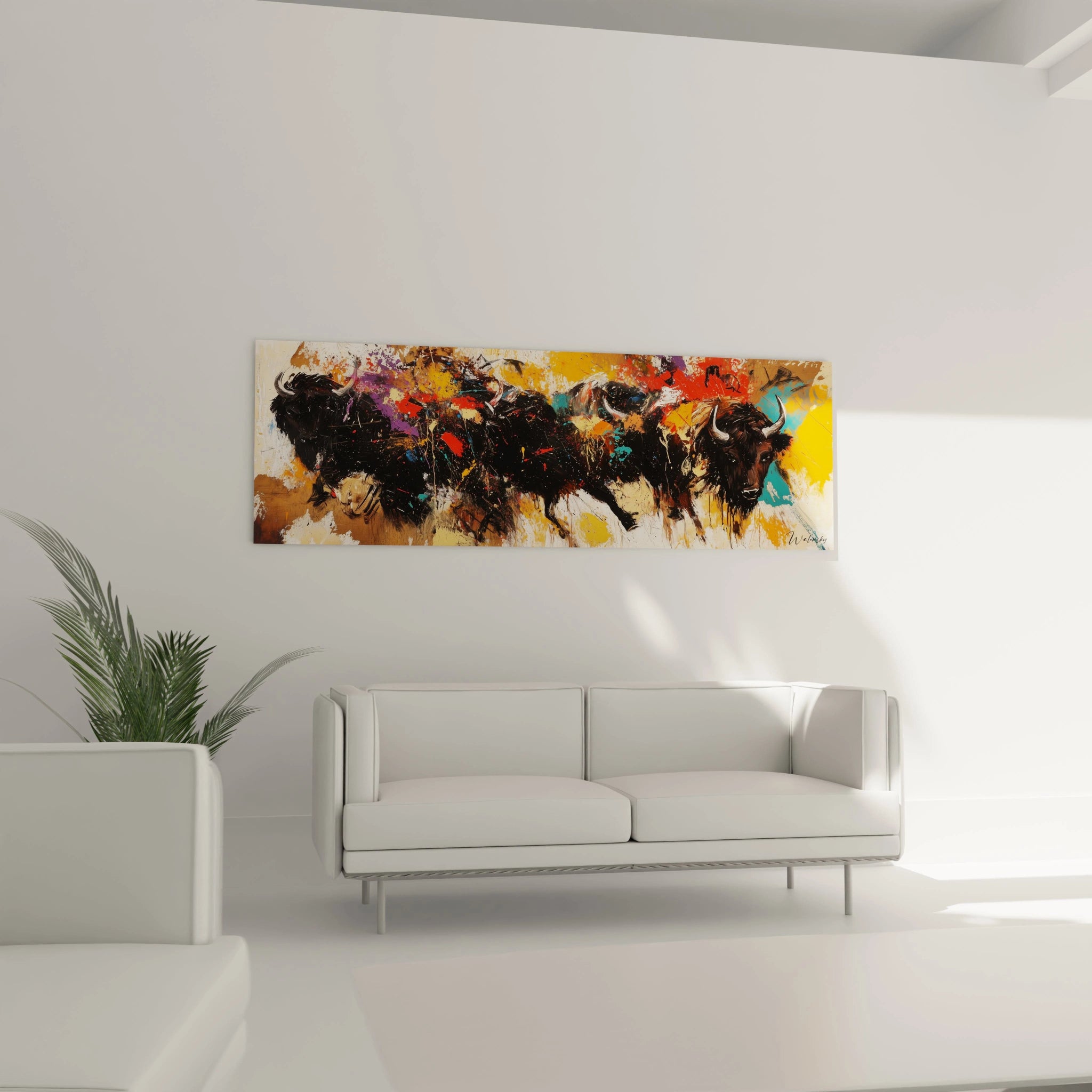 Tableau taureau Walensky couleur vive accroché au-dessus d'un canapé blanc dans un salon moderne