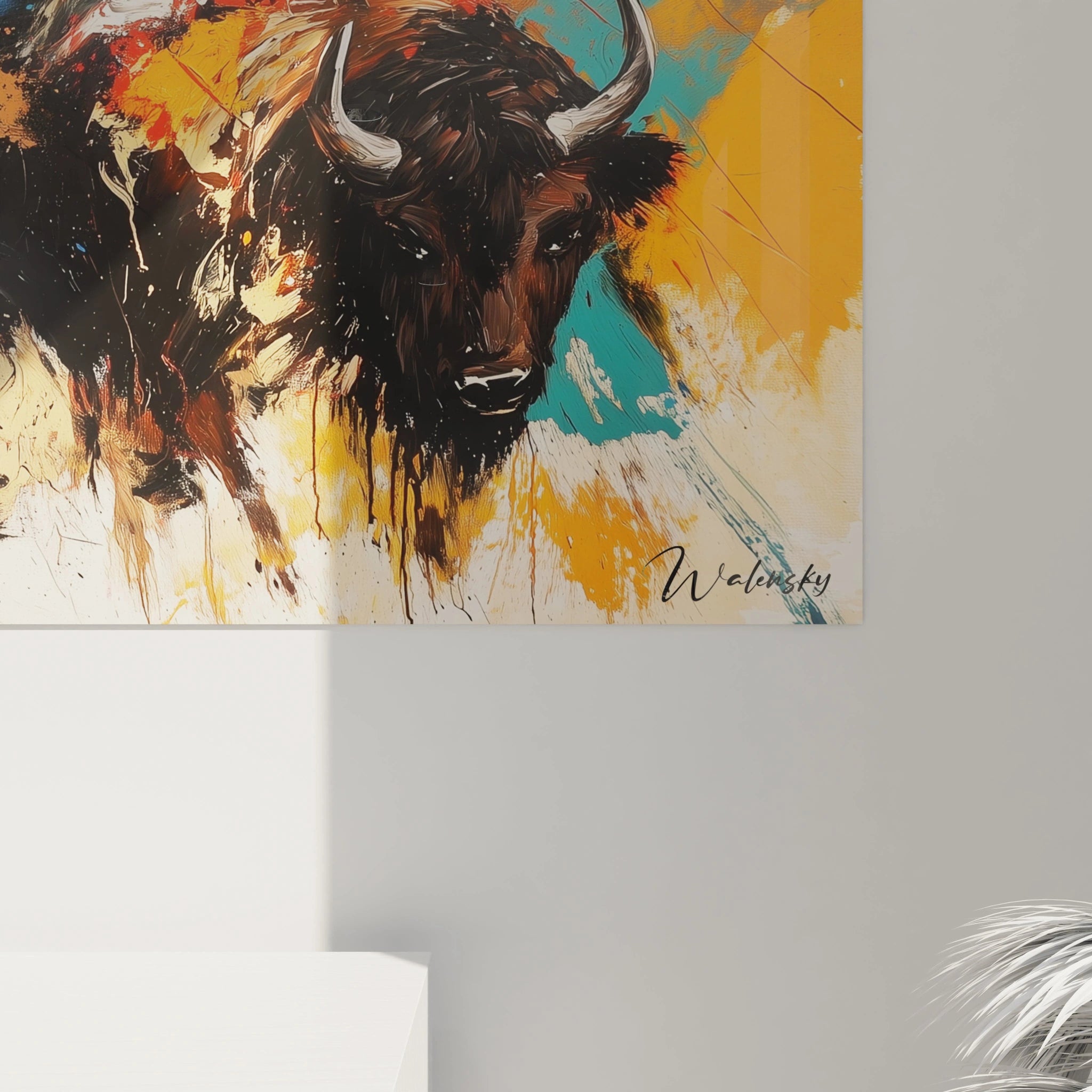 Tableau taureau coloré signé Walensky avec touches d'orange, bleu et noir pour décoration murale moderne