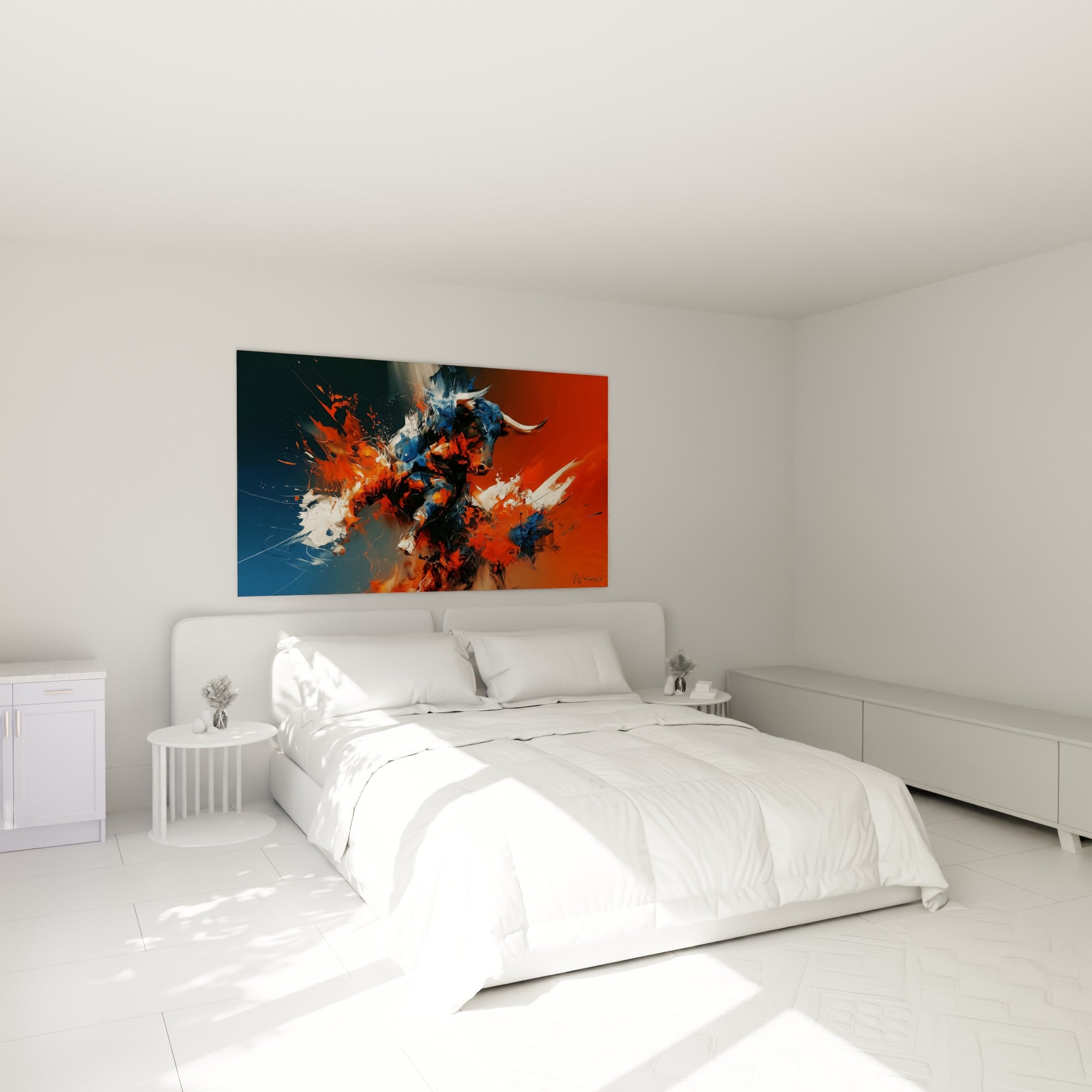 Silhouette du Taureau aux tons orange et bleu profond au-dessus d'un lit dans une chambre claire
