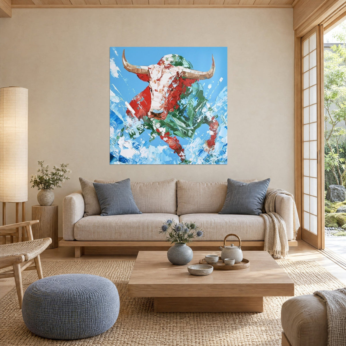 Quadro toro rosso e bianco con corna dorate, sfondo azzurro cielo, sopra un divano in un soggiorno luminoso