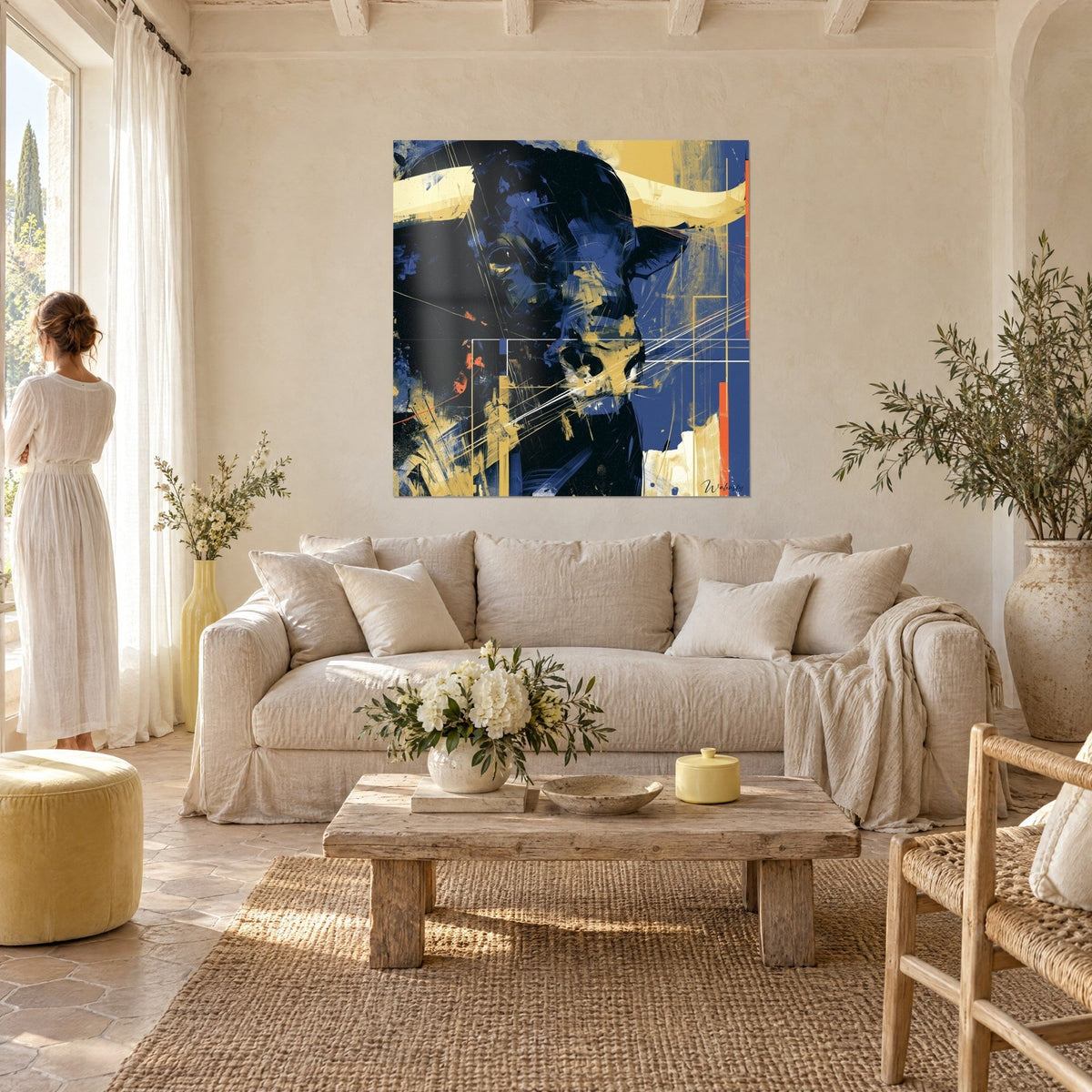 Quadro di un toro stilizzato con corna color crema e manto blu notte, tratti dorati sfaccettati, sopra un divano in un soggiorno luminoso