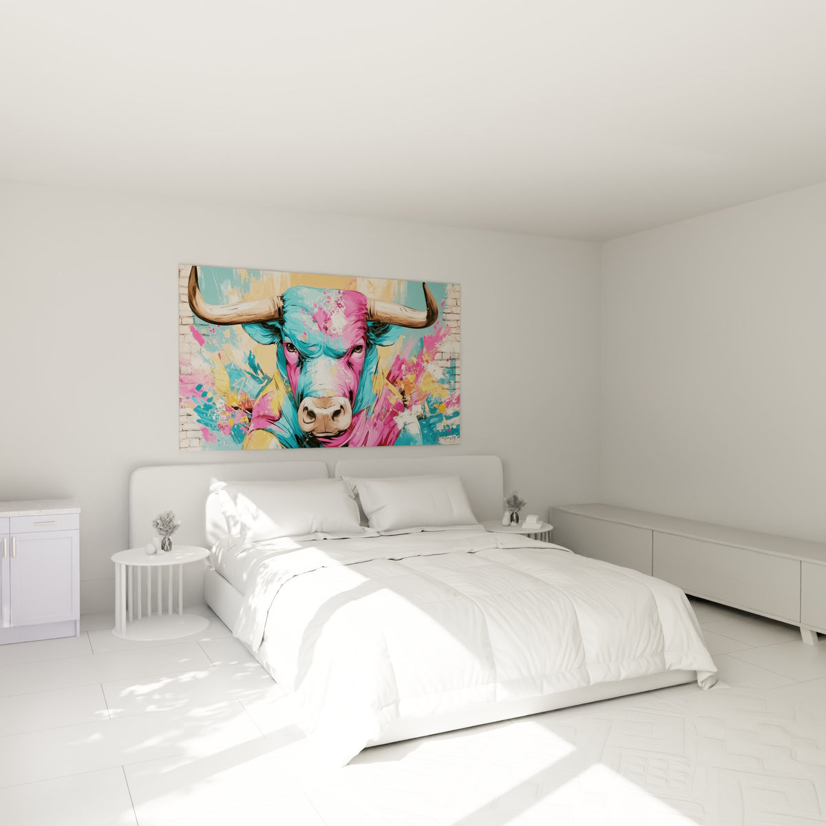 Cornes massives et pelage rose et turquoise du taureau, tableau accroché au-dessus d'un lit dans une chambre claire
