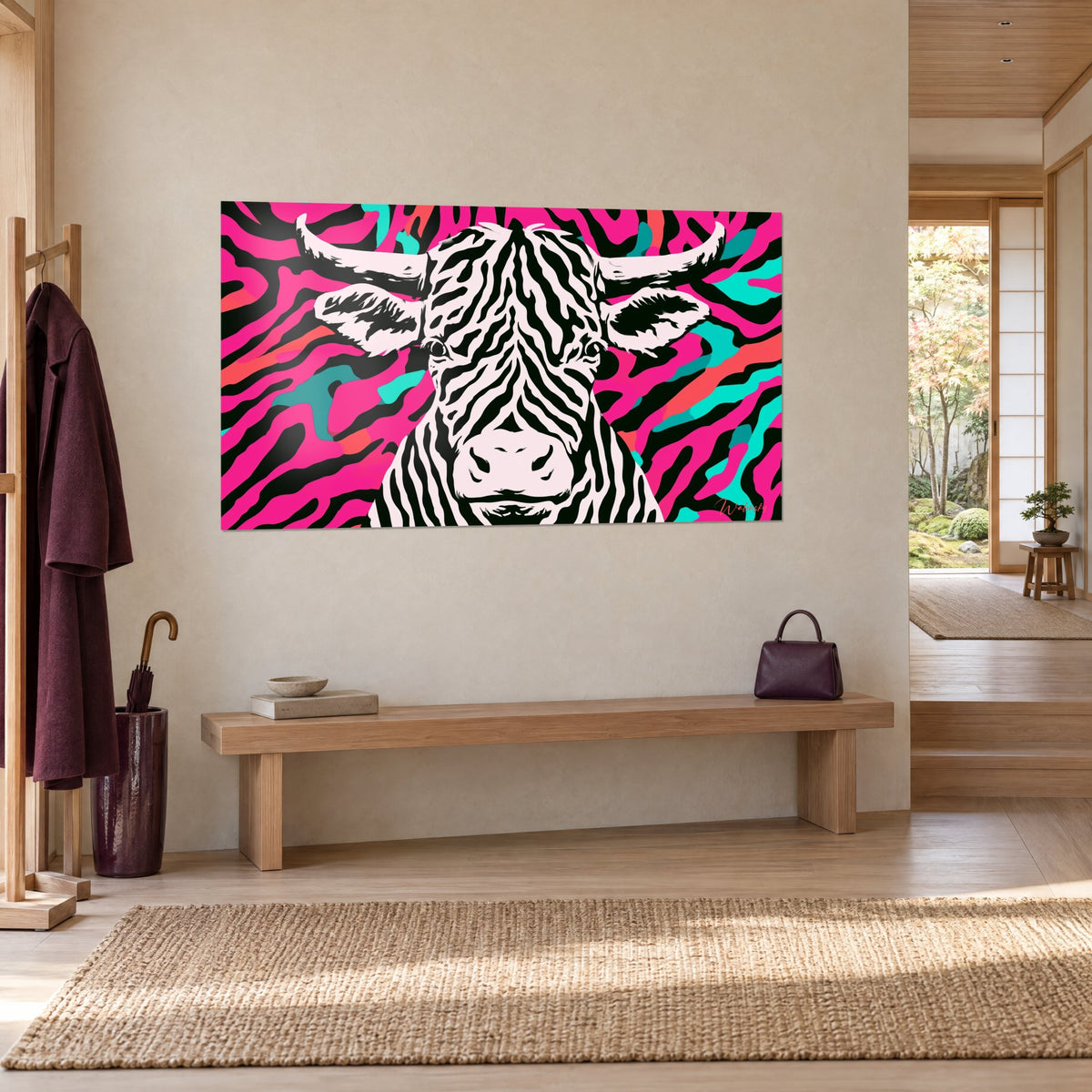 Wall art bovine with black and white stripes, frontal gaze, coral and turquoise motifs, three-quarter view in the entryway