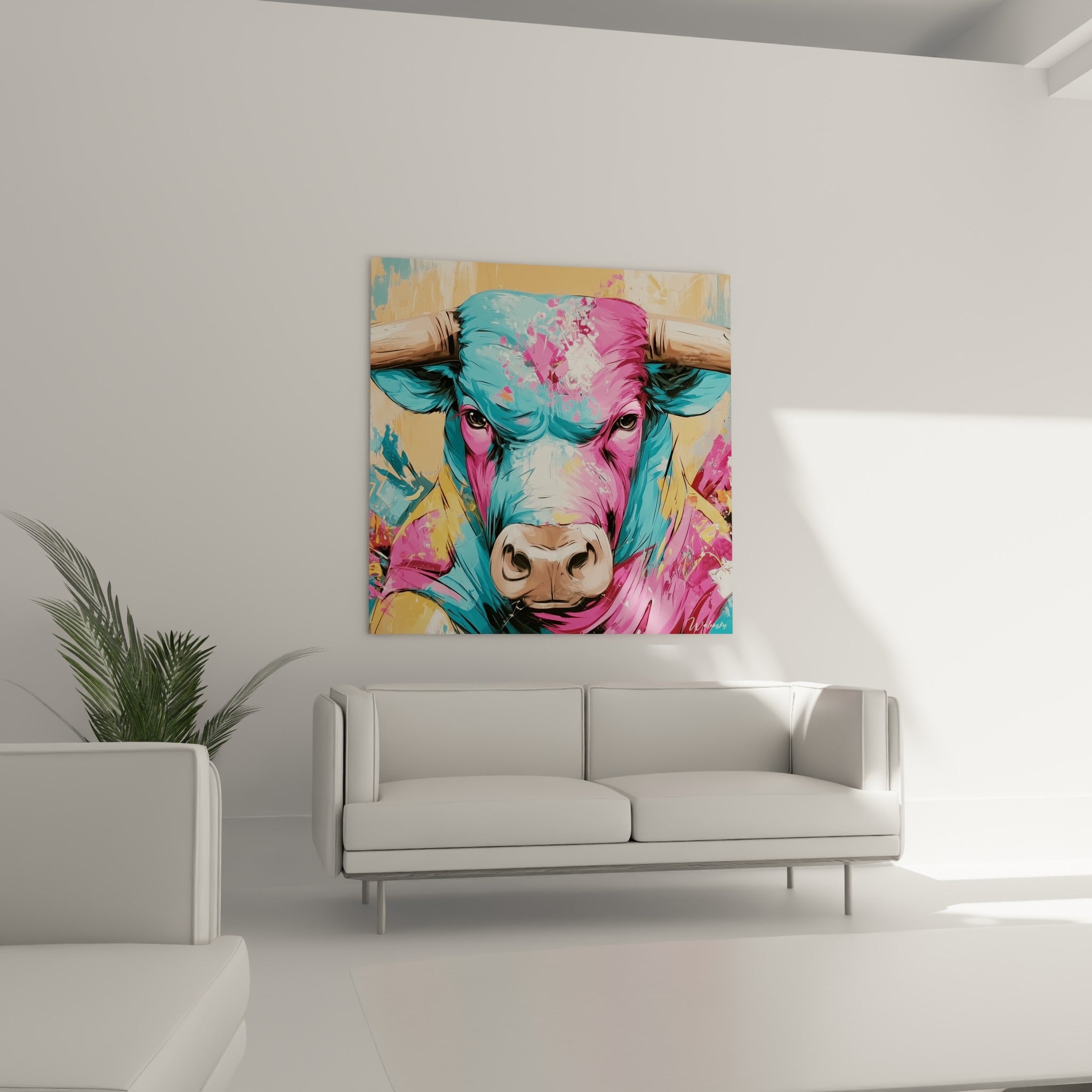 Cornes ivoire et pelage fuchsia du taureau accrochés au-dessus d'un canapé dans un salon lumineux