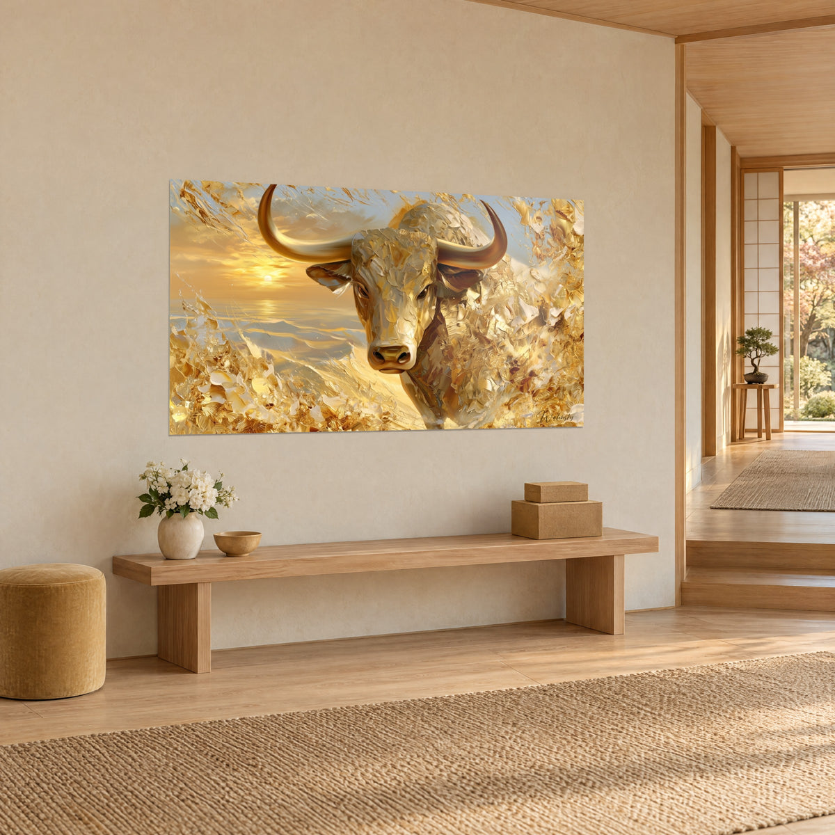 Wall art sculpted bull in shards of gold and ivory, pale blue sky, light wood bench and flower vase, Japandi hallway