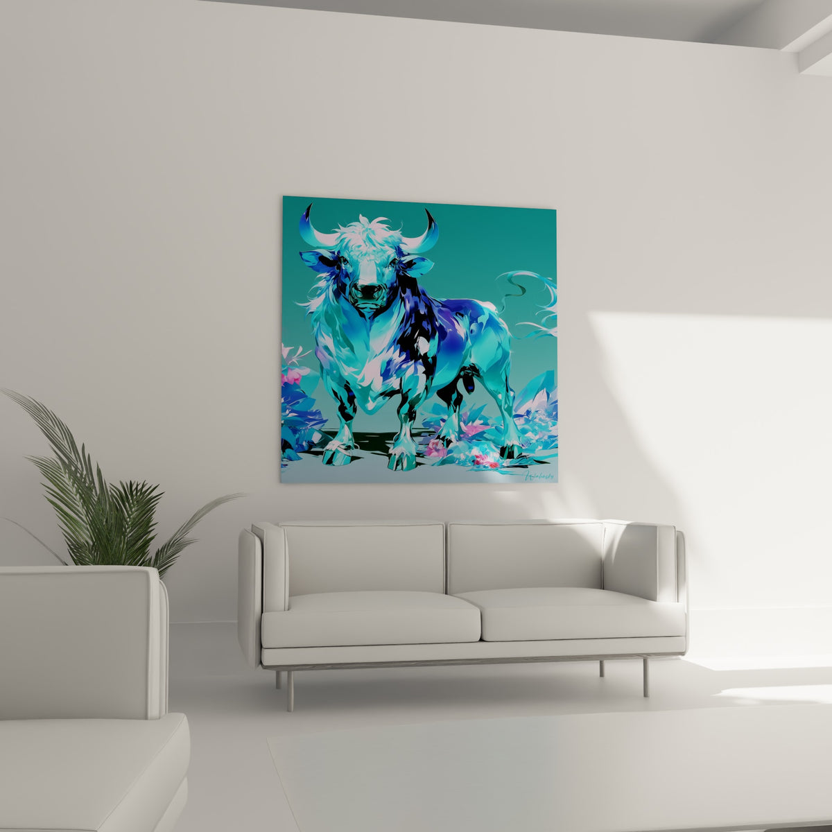 Taureau bleu nuit et turquoise, allure imposante, au-dessus d'un canapé dans un salon lumineux