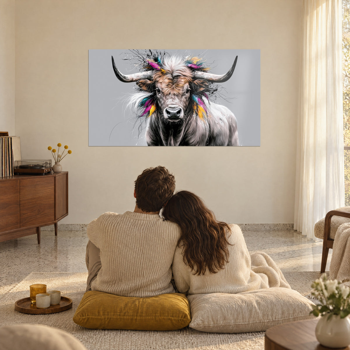 Tableau portrait de taureau de face, toison blanche et brune, plumes magenta et safran, fond gris, couple de dos enlacé sur des coussins au sol