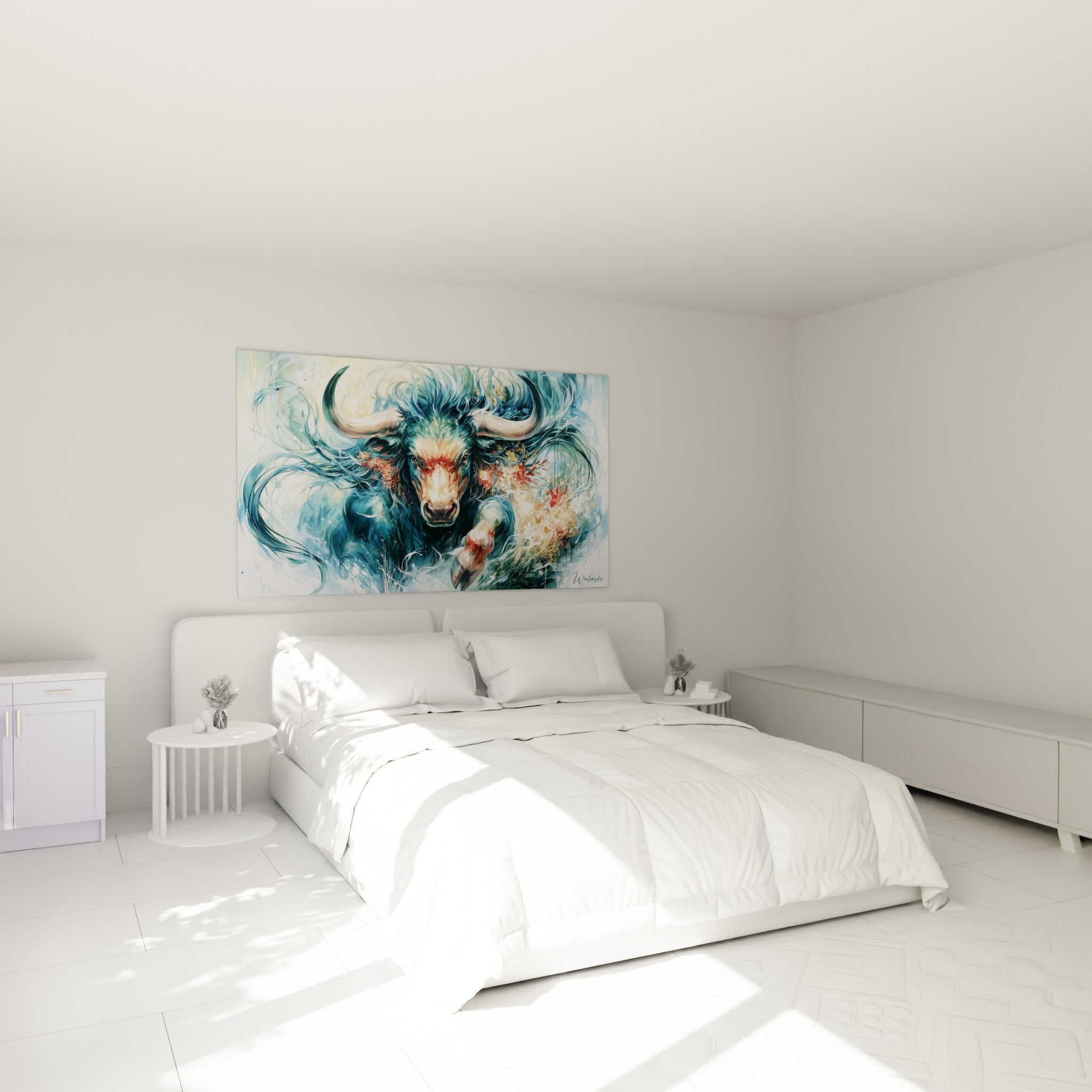 Bête bleu pétrole aux yeux perçants et crinière blanche, au-dessus d'un lit dans une chambre claire