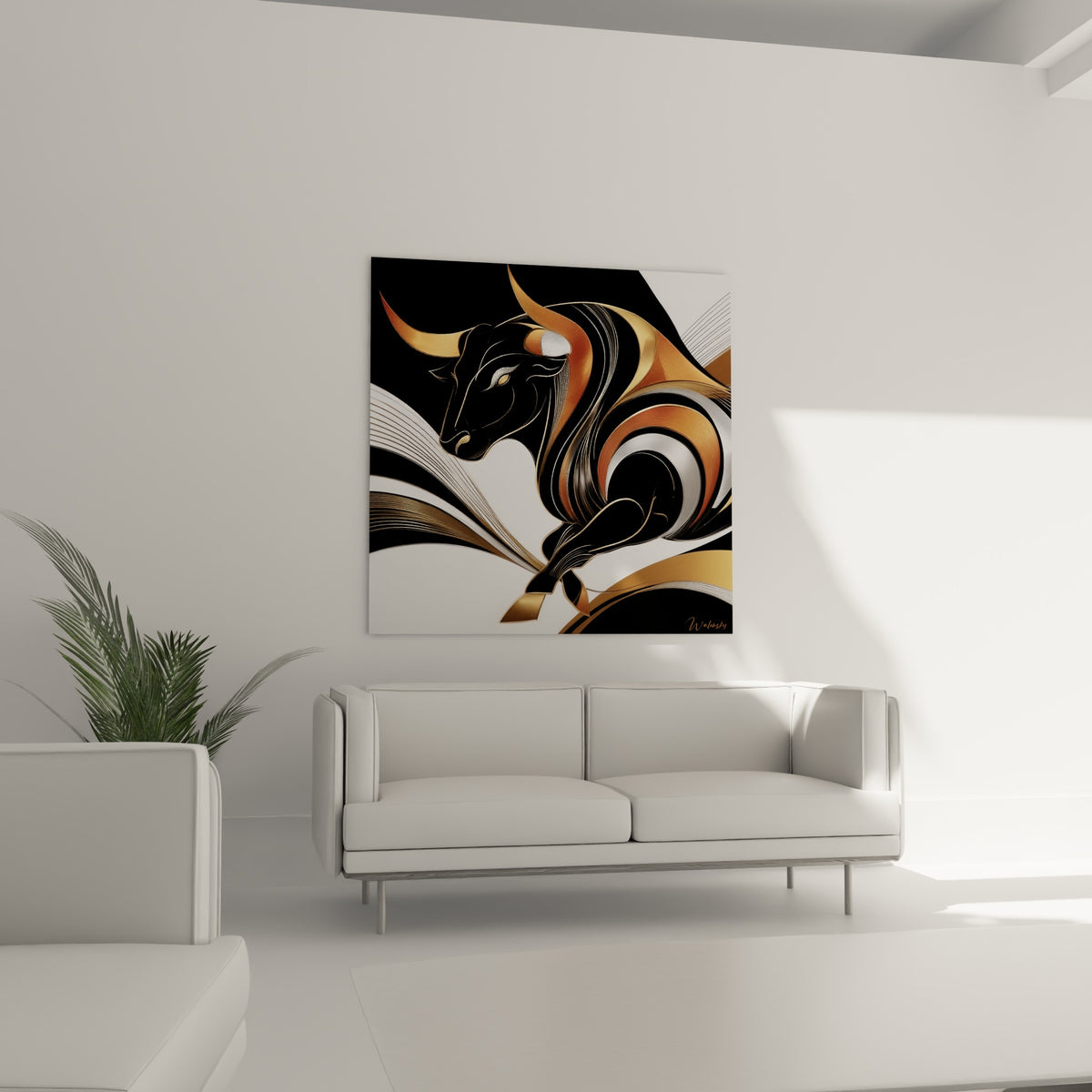 Silhouette bronze et anthracite du taureau positionnée au-dessus d'un canapé dans un salon lumineux