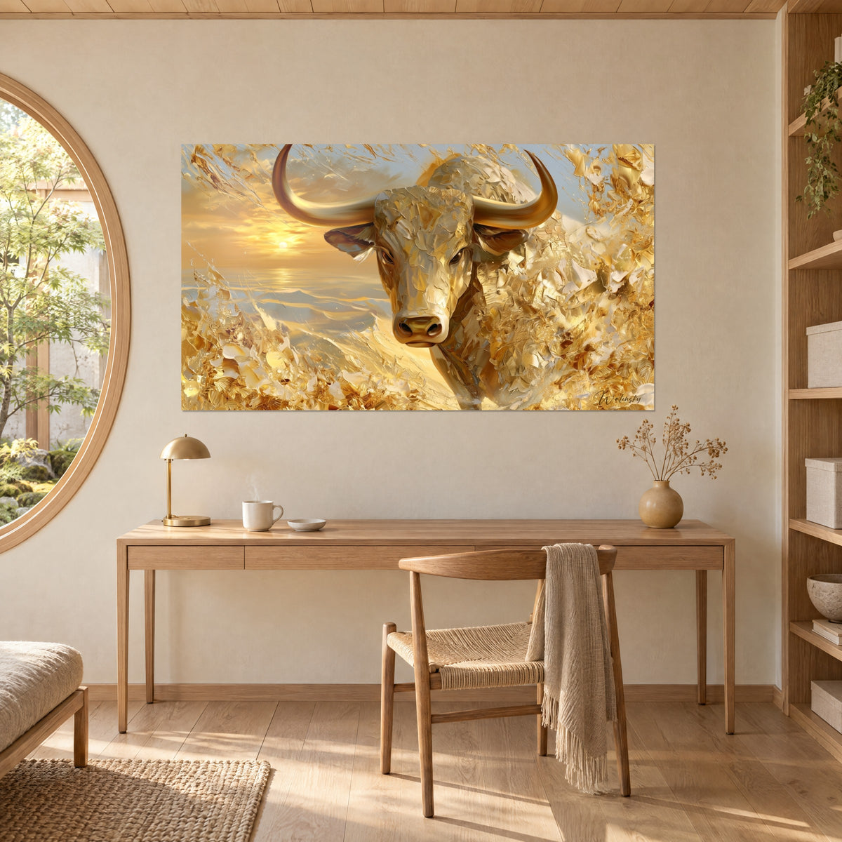 Wall art coppery bull muzzle cutting through frothy golden waves, grey-blue sky, light wood desk and rope chair