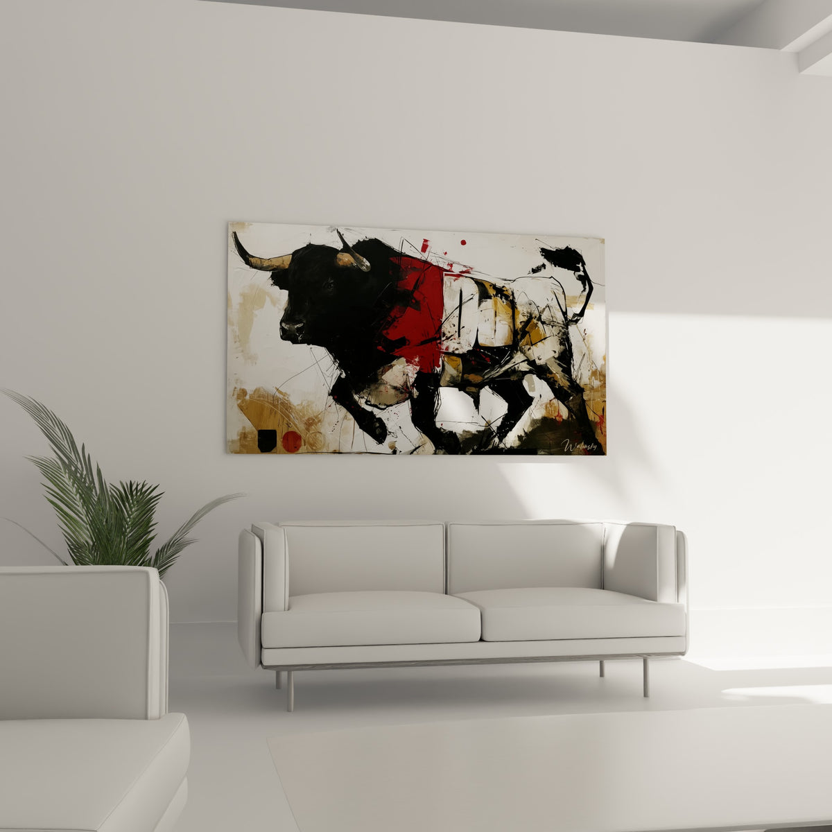 Silhouette dorée et rouge du taureau en pleine course, au-dessus d'un canapé dans un salon lumineux