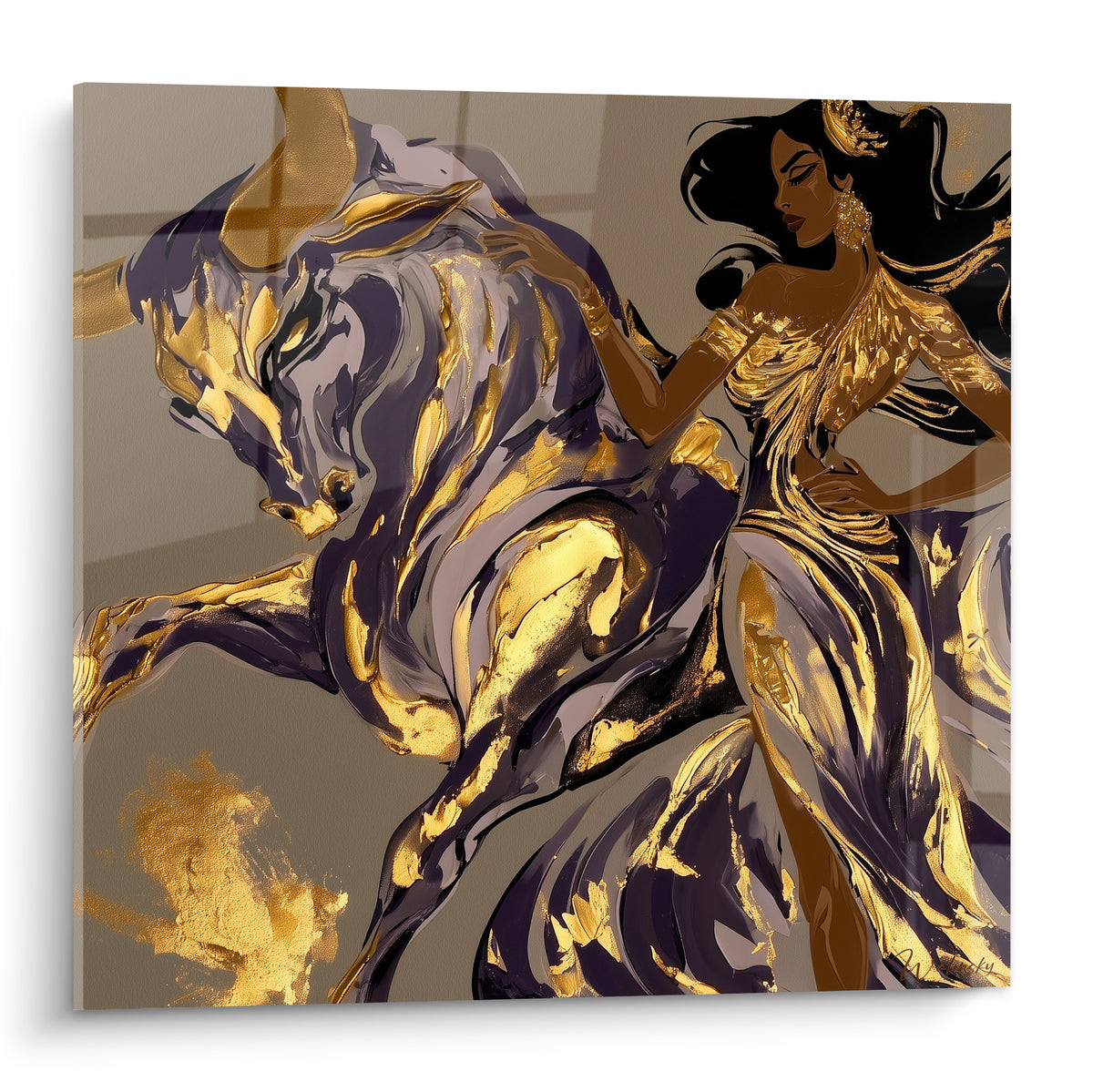 Taureau doré cabré face à une femme en robe mauve et or, mouvement pictural intense.