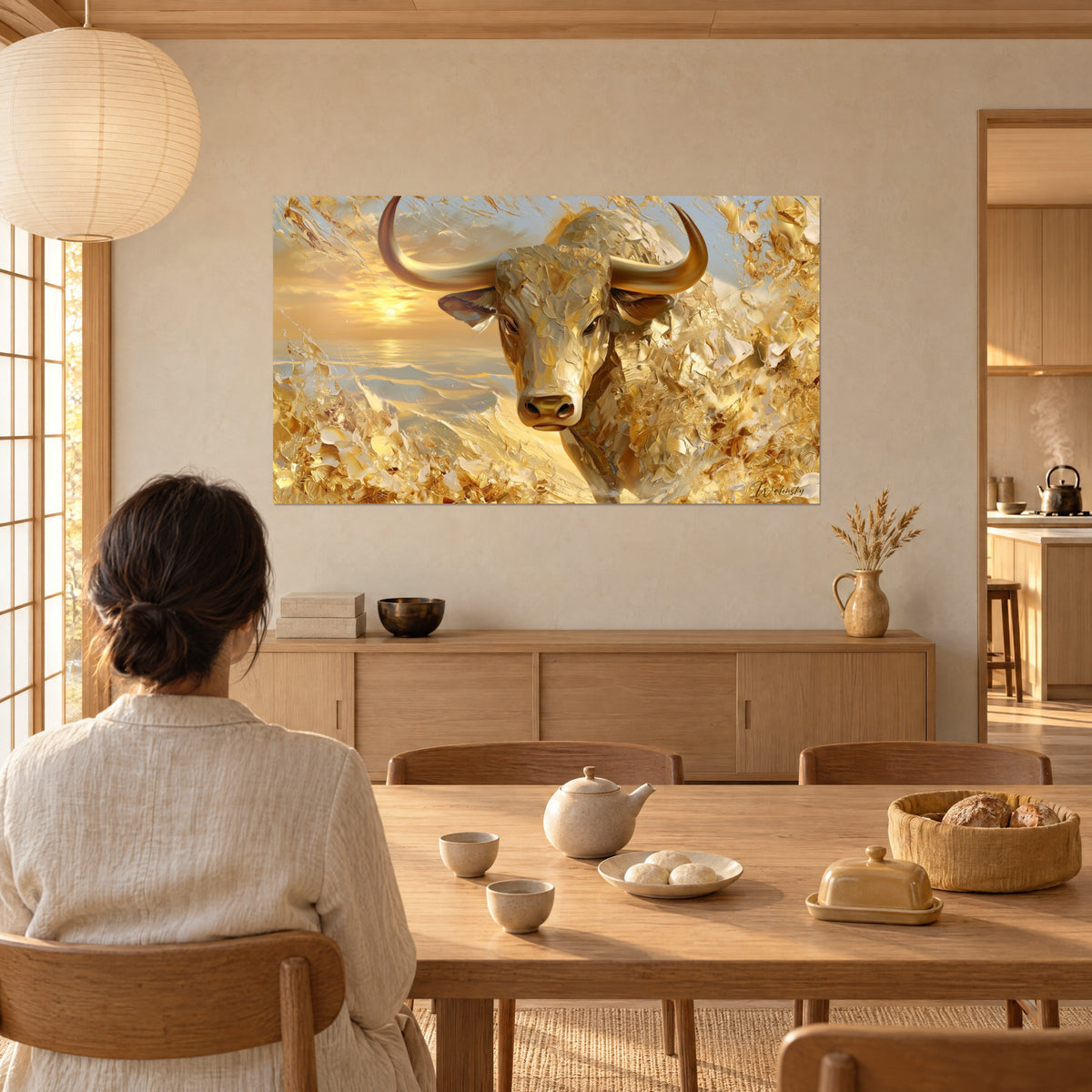 Wall art honey-coloured bull facing an amber sea at sunset, ivory and gold highlights, woman seen from behind beside a wooden table