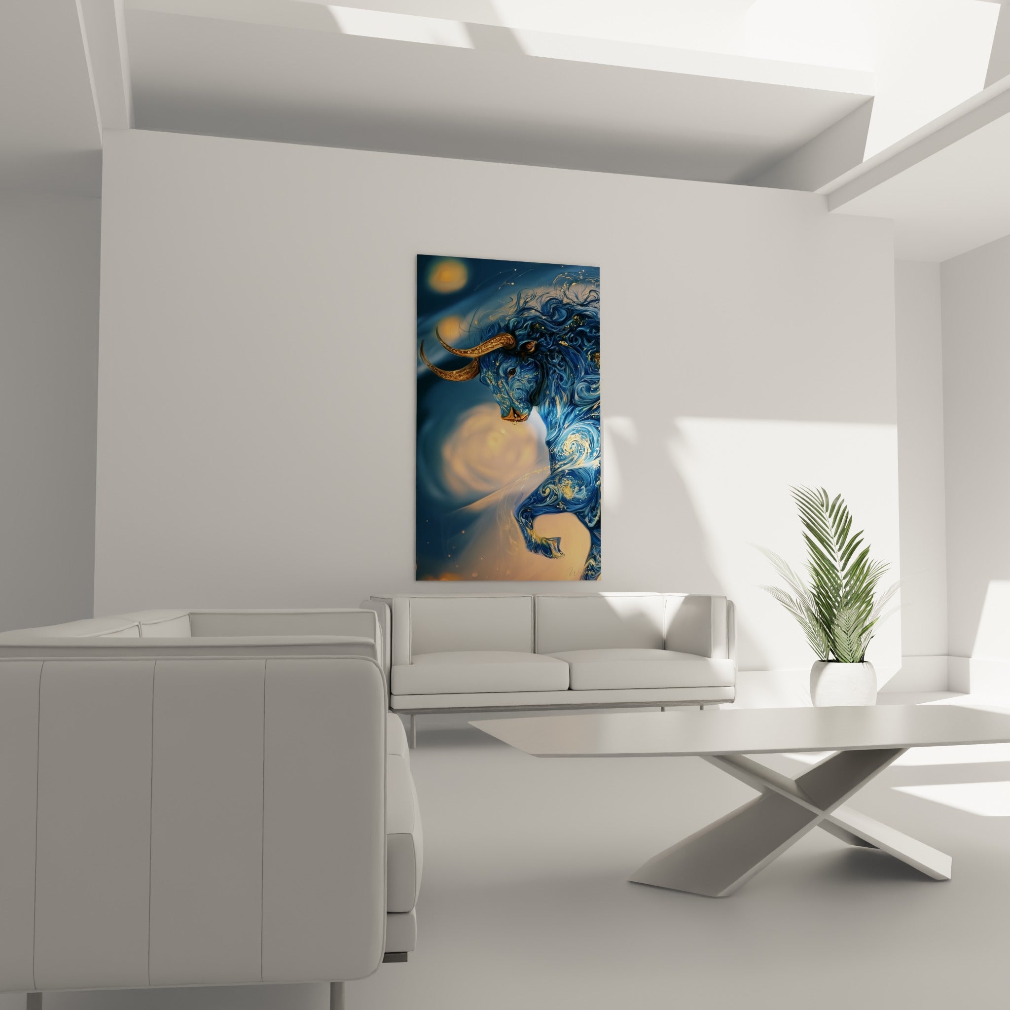 Cornes dorées et volutes bleutées du taureau au-dessus d'un canapé dans un salon lumineux