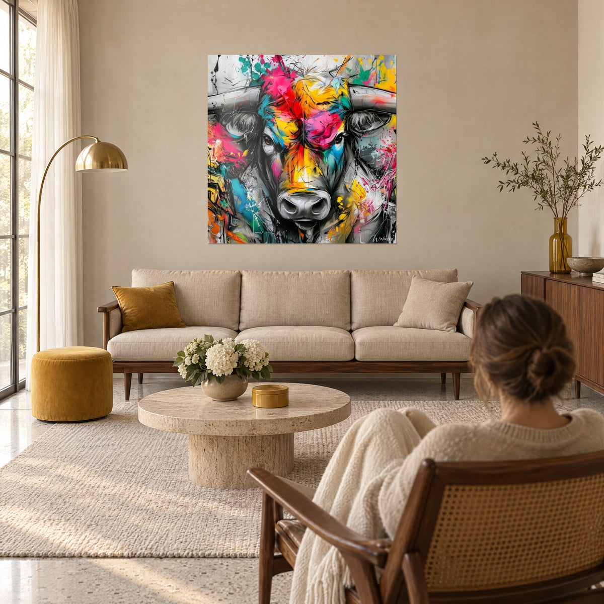 Gemälde eines grauen Stiers mit rosa und gelben Farbspritzern, schwarzer Schnauze und Hörnern, über einem Sofa in einem hellen Wohnzimmer
