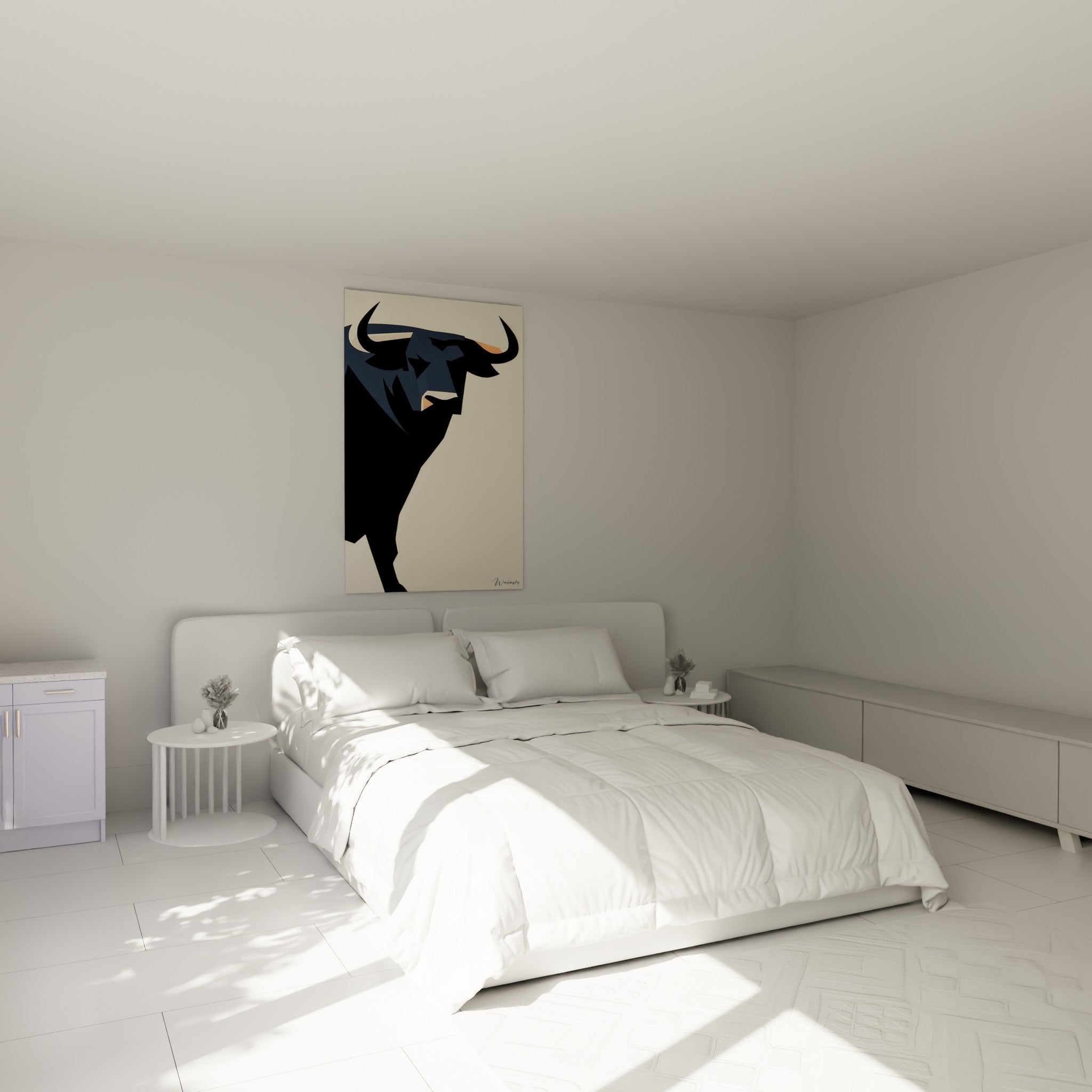 Silhouette de taureau anthracite et orangée au-dessus d'un lit dans une chambre claire