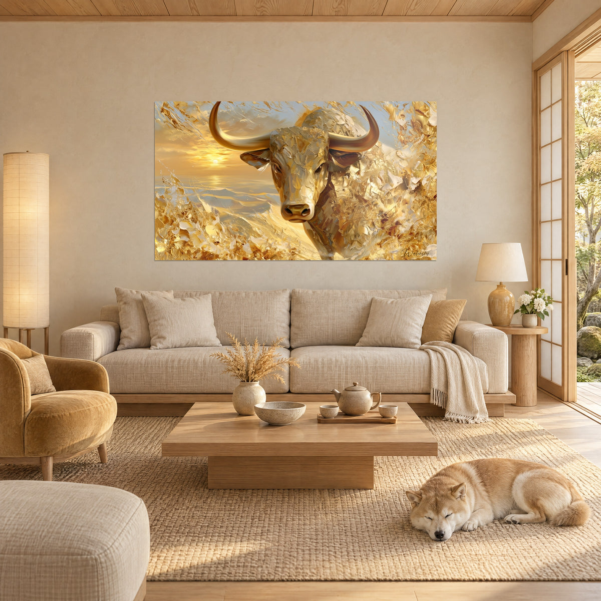 Wall art golden bull with curved horns, ochre sun on the horizon, sleeping Shiba above a sofa in a bright living room