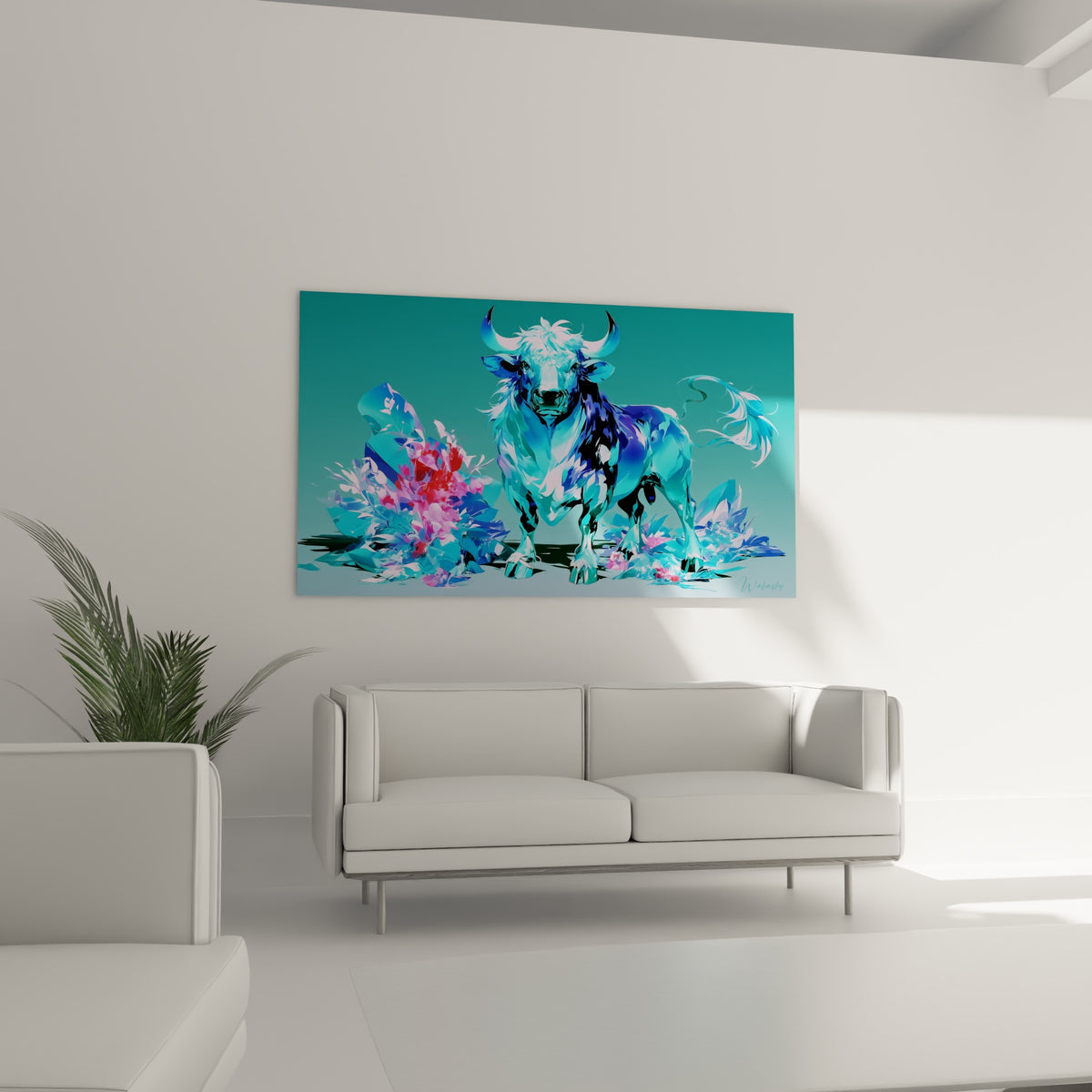 Silhouette massive du taureau bleu et rose, éclats cristallins aux pattes, au-dessus d'un canapé dans un salon lumineux