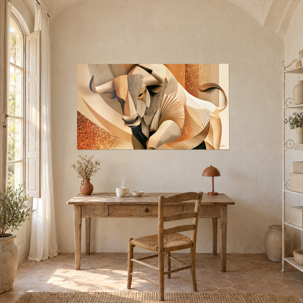 Gemälde Abstrakter Stier mit sandfarbenen Rundungen, glitzernder orangefarbener Hintergrund, mandelförmiger schwarzer Blick, auf einem Schreibtisch aus hellem Holz neben einem Strohstuhl