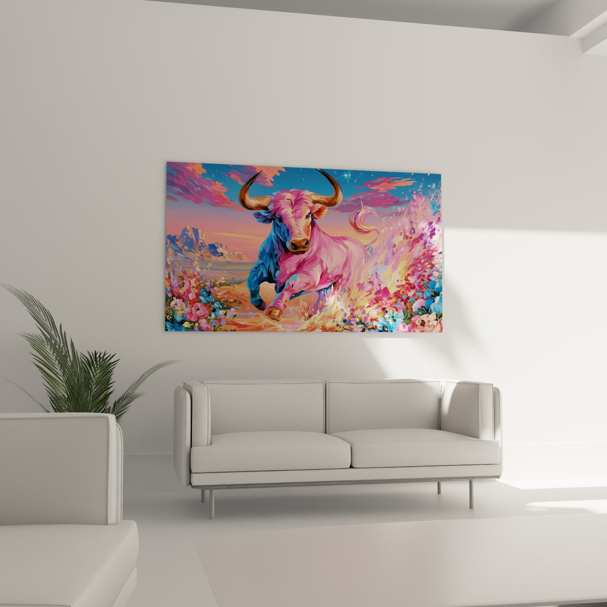 Animal fauve aux teintes roses et bleu nuit surgissant d'un champ fleuri, au-dessus d'un canapé dans un salon lumineux