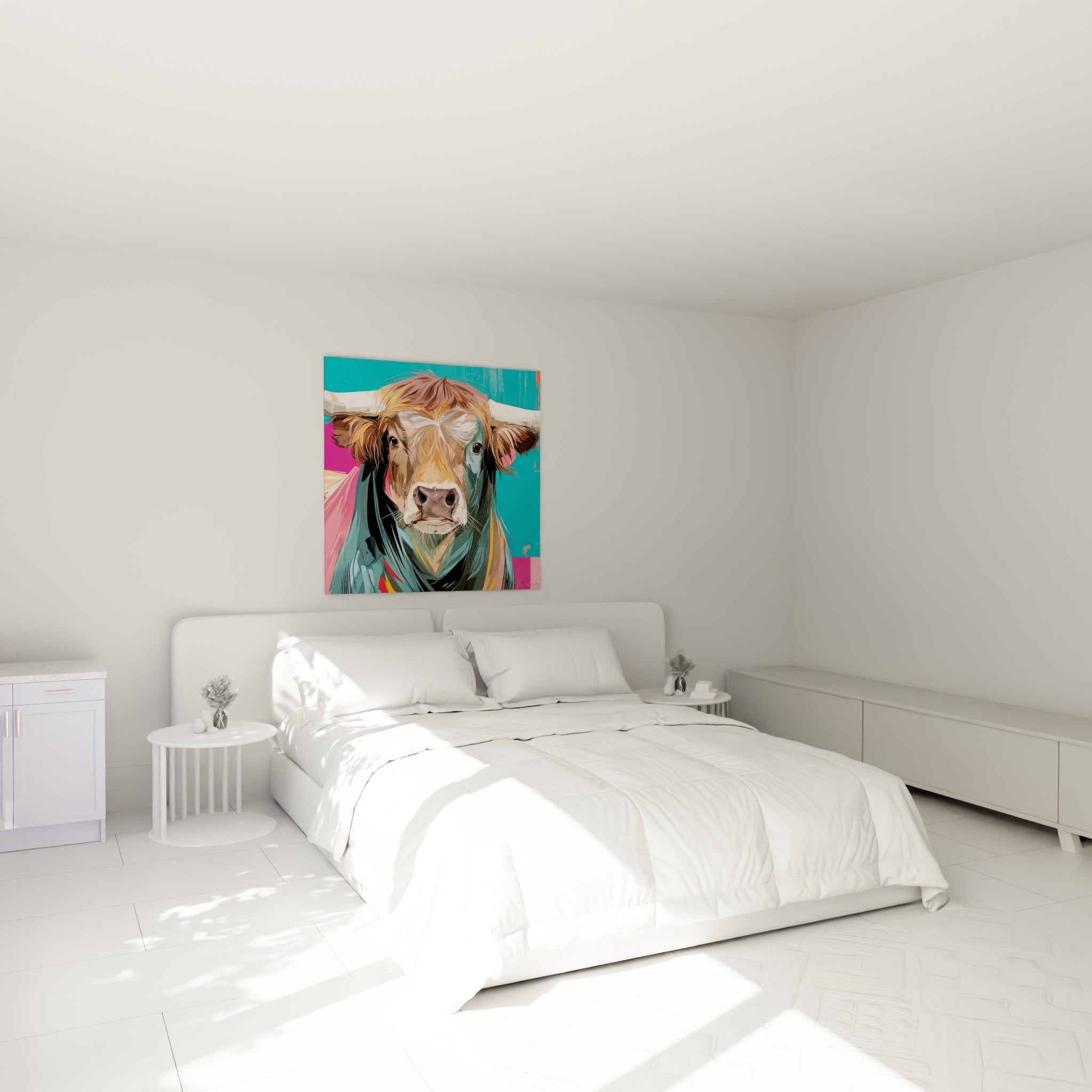 Taureau fauve aux cornes blanches et fond turquoise, accroché au-dessus d'un lit dans une chambre claire