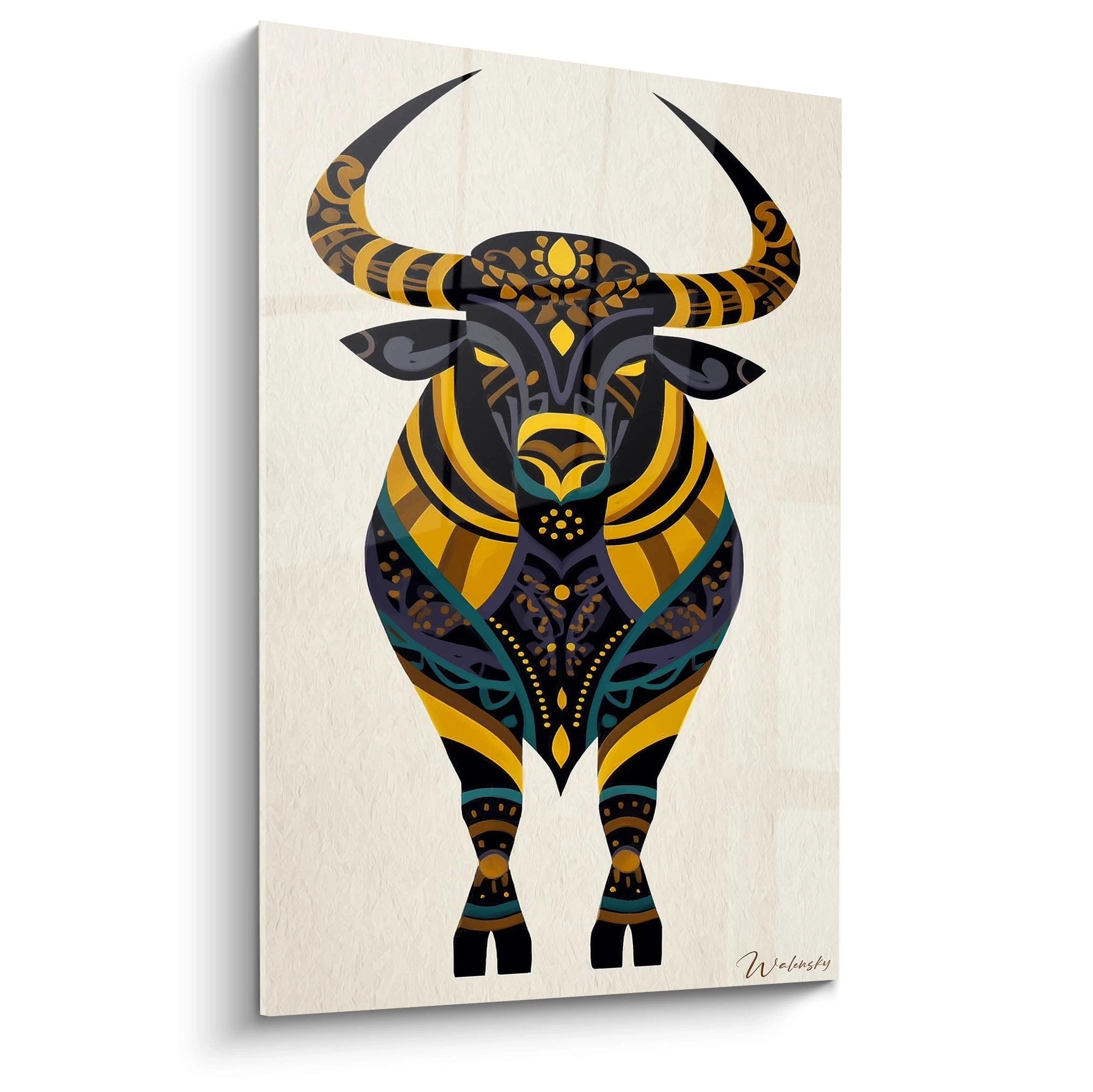 Tableau mural Walensky tableau taureau art tribal stylise en jaune noir et bleu pour deco murale
