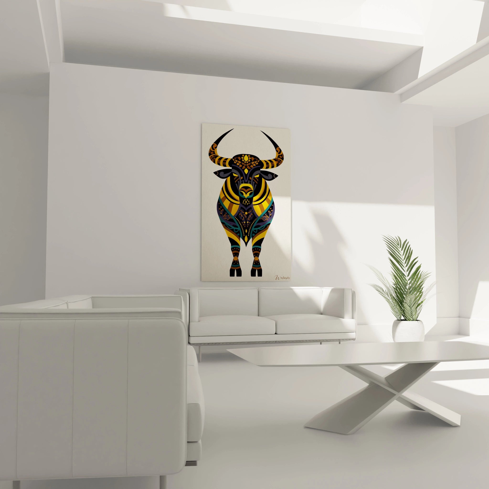 Tableau mural Walensky représentant un taureau coloré stylisé accroché au dessus du canapé tableau taureau art tribal