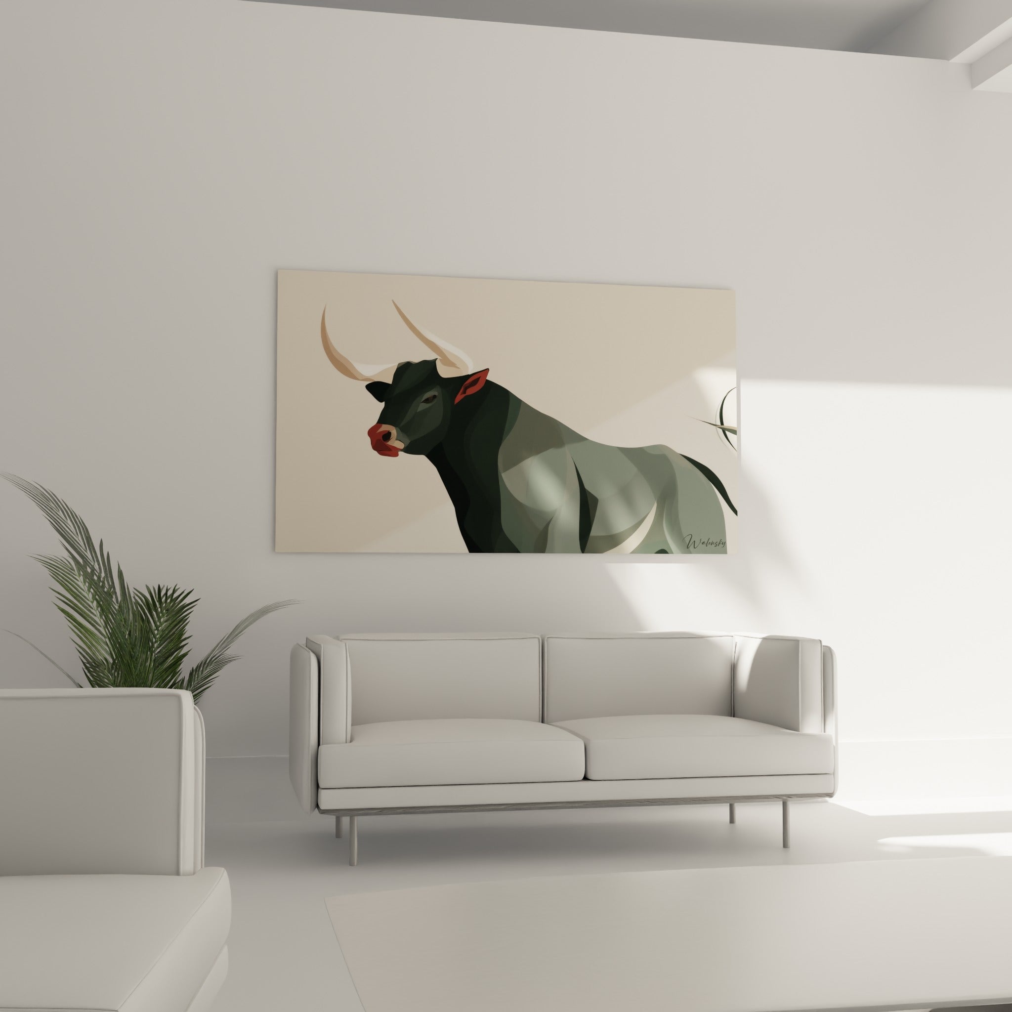 Taureau stylisé en aplats gris-vert et beige au-dessus d'un canapé dans un salon lumineux