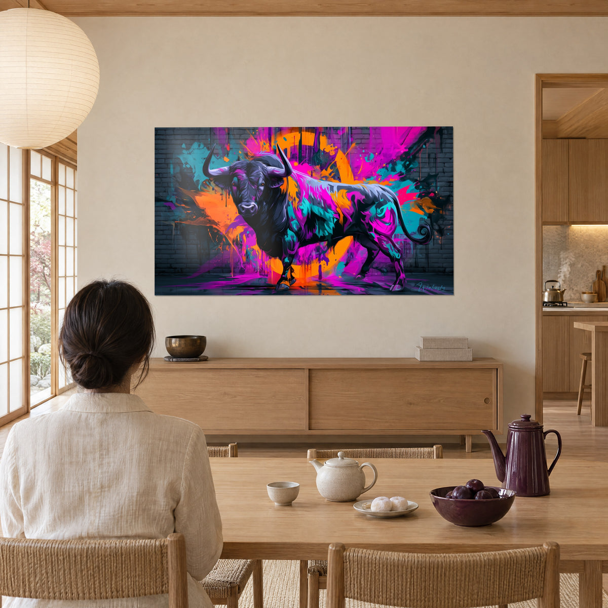 Wall art graffiti-style fighting bull on dark brick, pink, turquoise and orange bursts, watched by a woman seated at a table in a wood-paneled living room