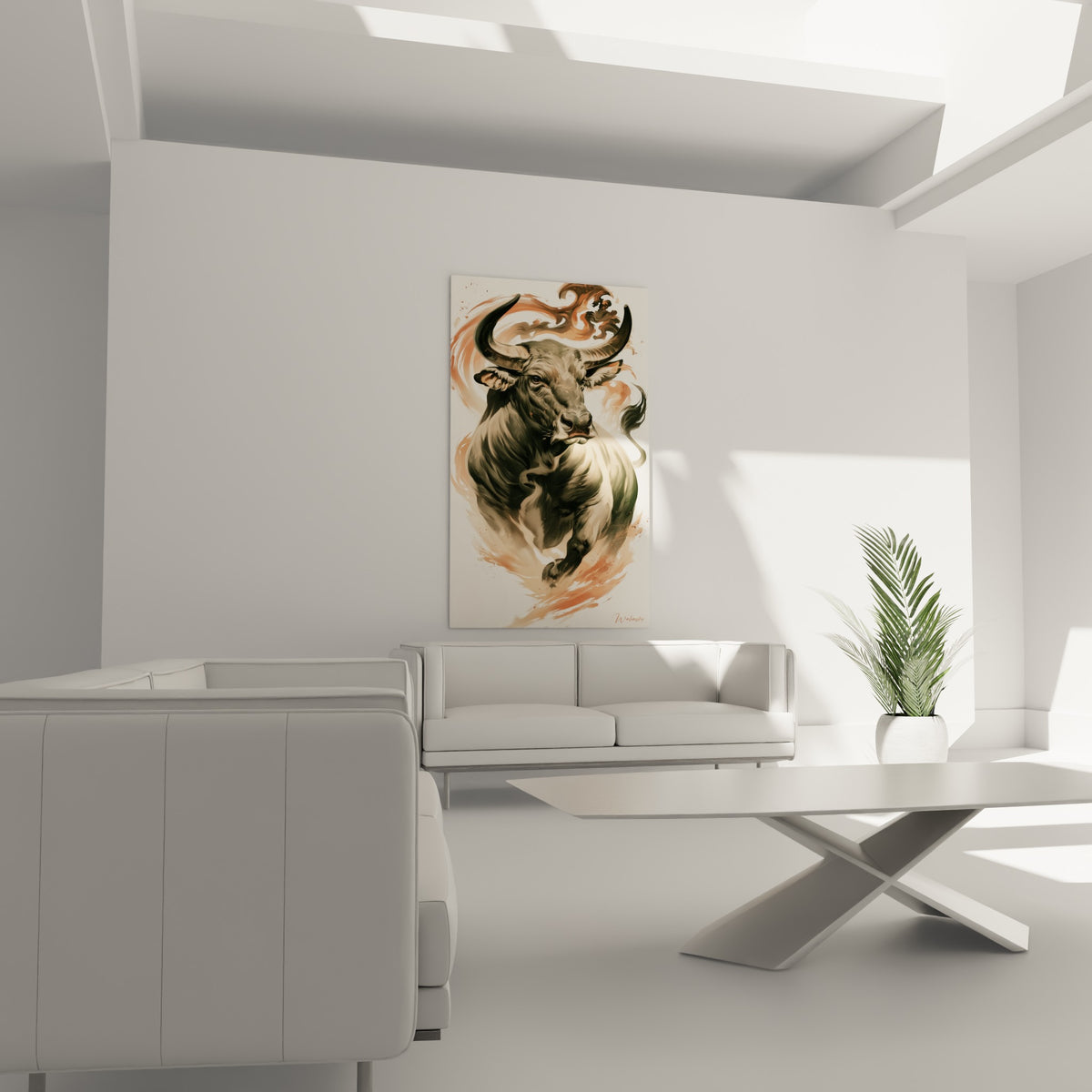 Portrait animalier ocre et gris fumé du taureau au-dessus d'un canapé dans un salon lumineux