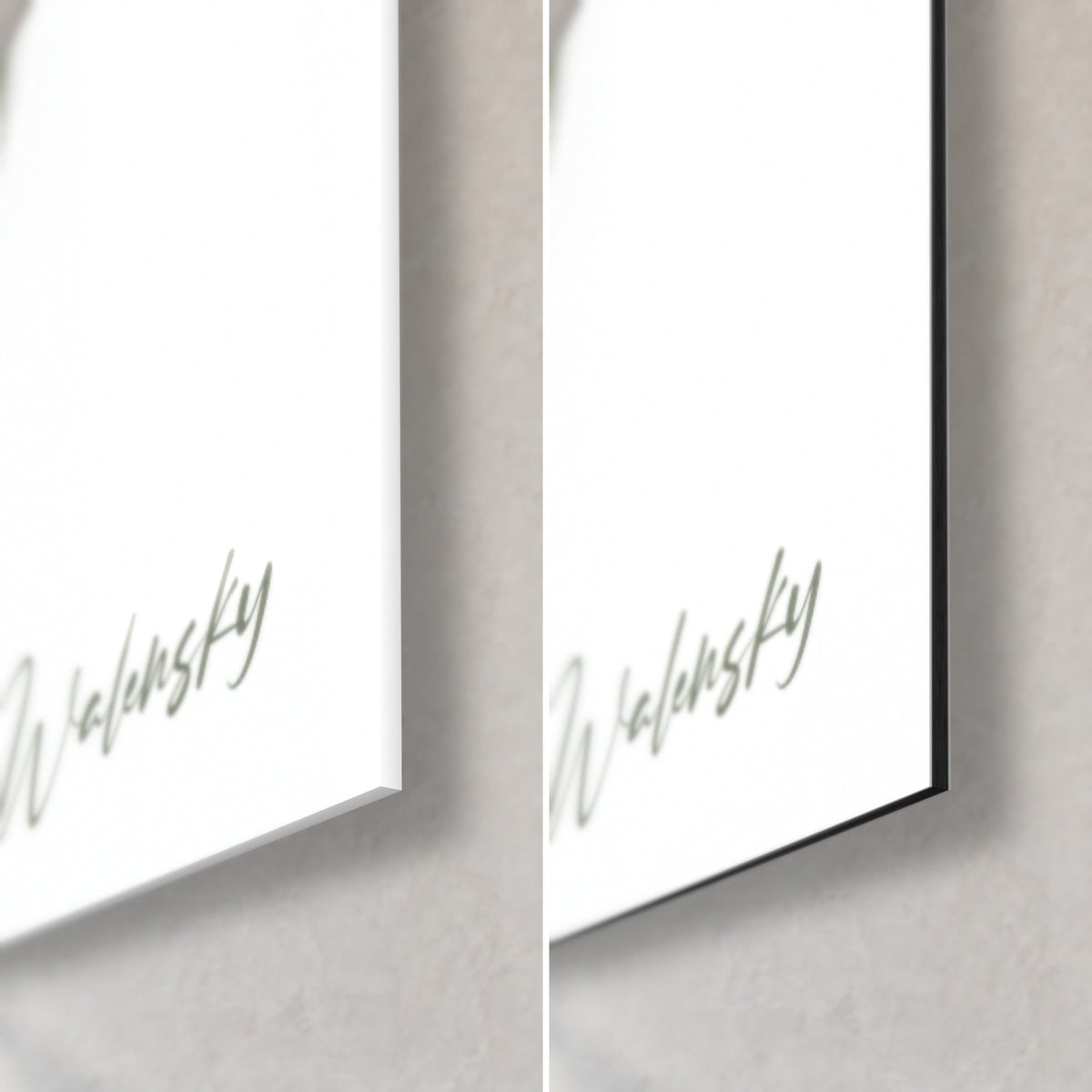 Wall art of a bull's head, lower right corner: Walensky signature in sage green, glossy glass and matt white Dibond, black 3 mm edge