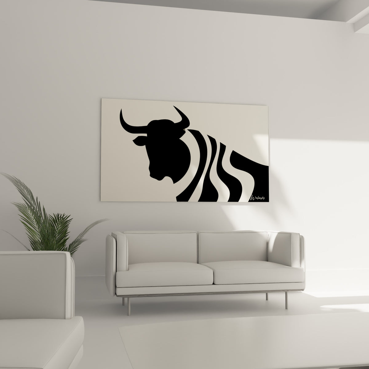 Motif du taureau graphique en noir profond, disposé au-dessus d'un canapé dans un salon lumineux.