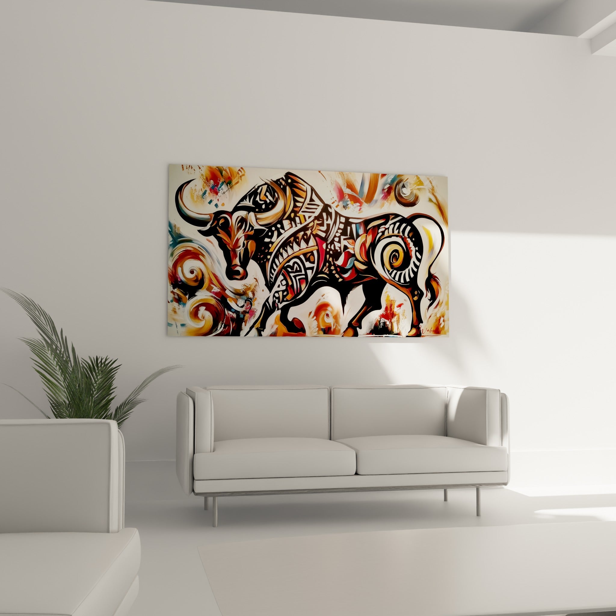 Motifs tribaux terracotta et bleu pétrole du taureau au-dessus d'un canapé dans un salon lumineux