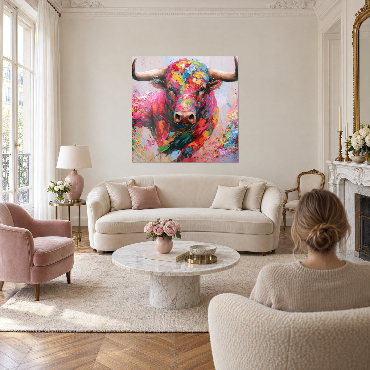 Tableau taureau Longhorn aux cornes beige, pelage rose et turquoise en coups de couteau, au-dessus d'un canapé dans un salon lumineux
