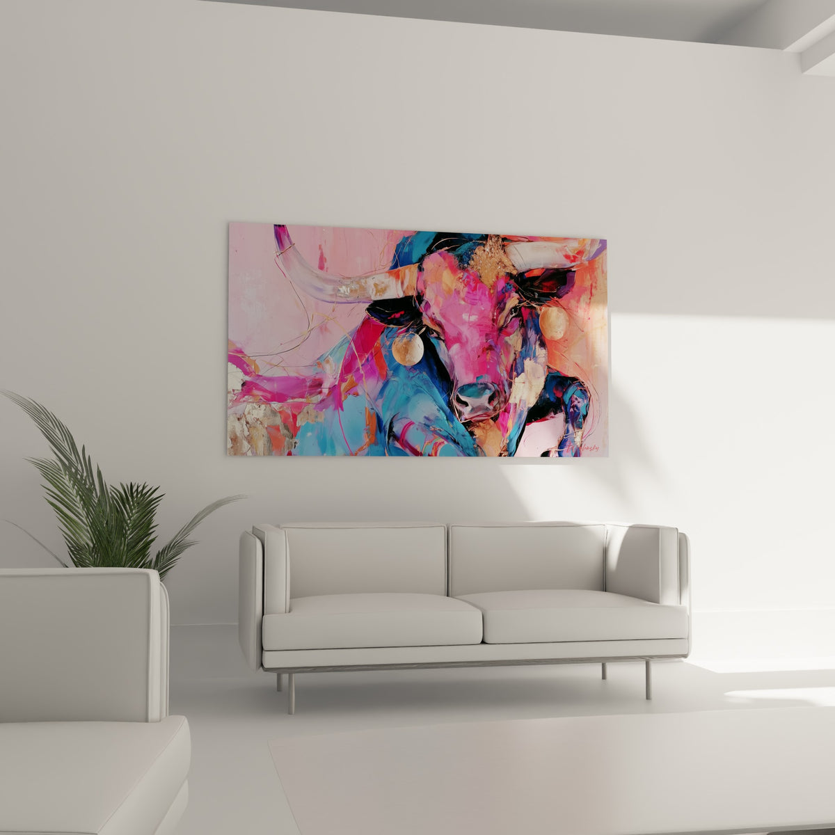 Museau sombre du taureau aux nuances roses et cuivrées surplombant un canapé dans un salon lumineux