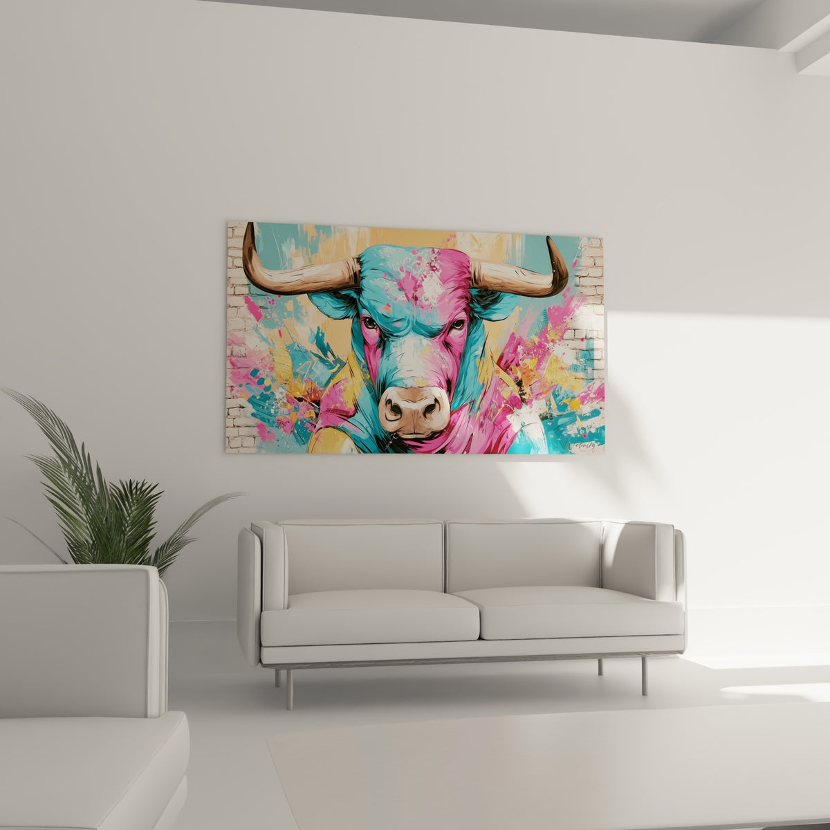 Museau beige réaliste du taureau contrastant avec des touches jaune doré, œuvre au-dessus d'un canapé dans un salon lumineux