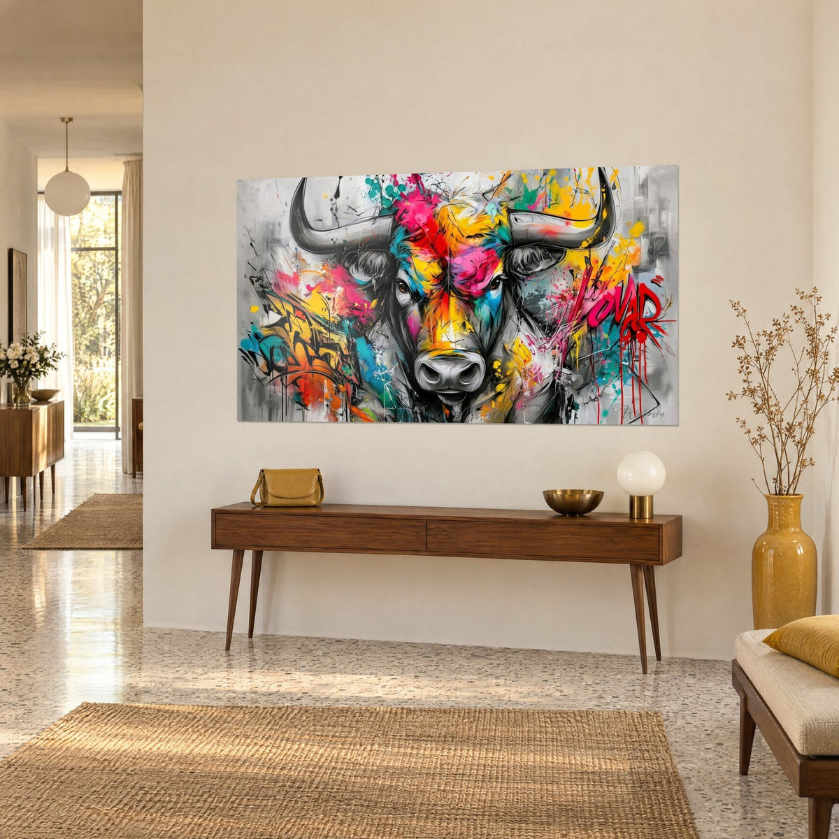 Quadro bovino massiccio in bianco e nero, muso grigio e macchie turchesi e arancioni in stile graffiti, su un mobile in legno