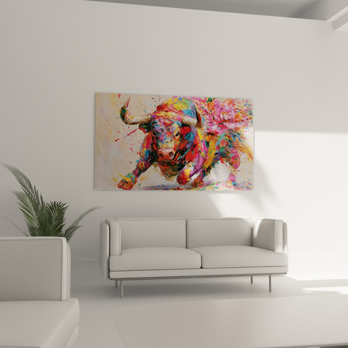 Museau rosé et cornes blanches de l'animal peint au-dessus d'un canapé dans un salon lumineux