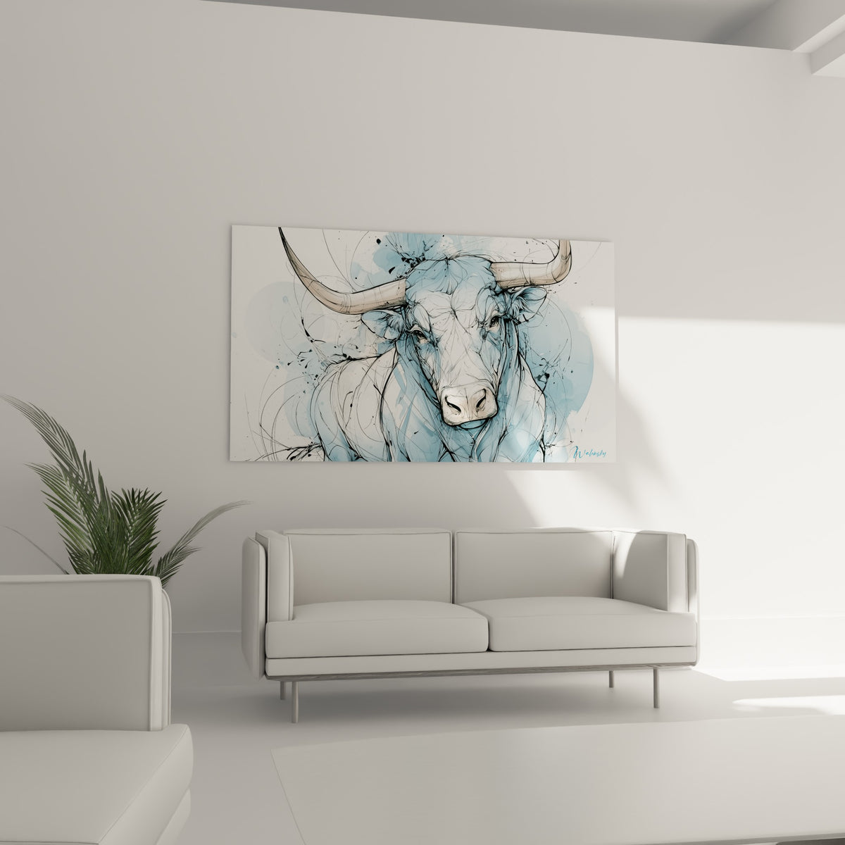 Regard fixe du Taureau graphique en bleu et beige, suspendu au-dessus d'un canapé dans un salon lumineux.
