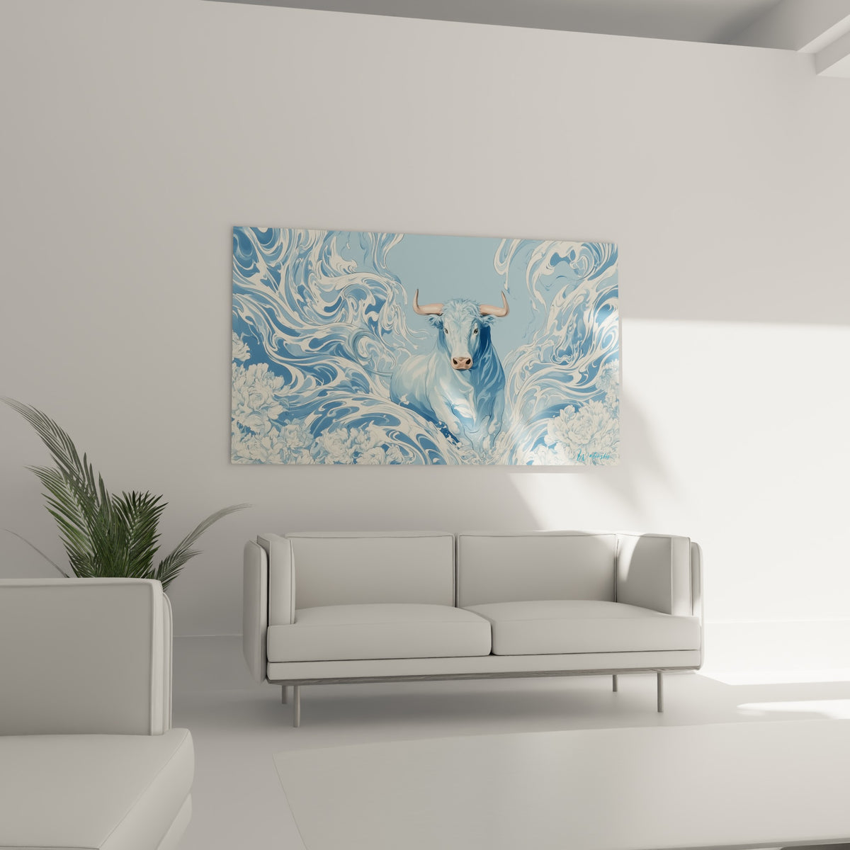 Museau rosé et vagues blanches tourbillonnantes du taureau au-dessus d'un canapé dans un salon lumineux