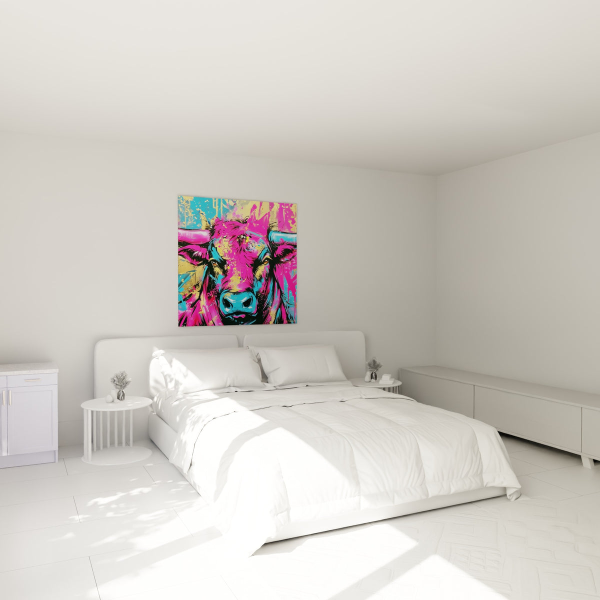 Museau bleu turquoise et pelage rose fuchsia du taureau accroché au-dessus d'un lit dans une chambre claire