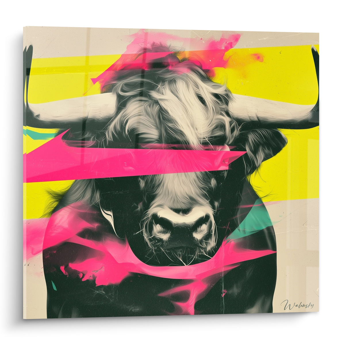 Taureau noir et blanc traversé de bandes rose fluo et jaune vif, style pop art graphique